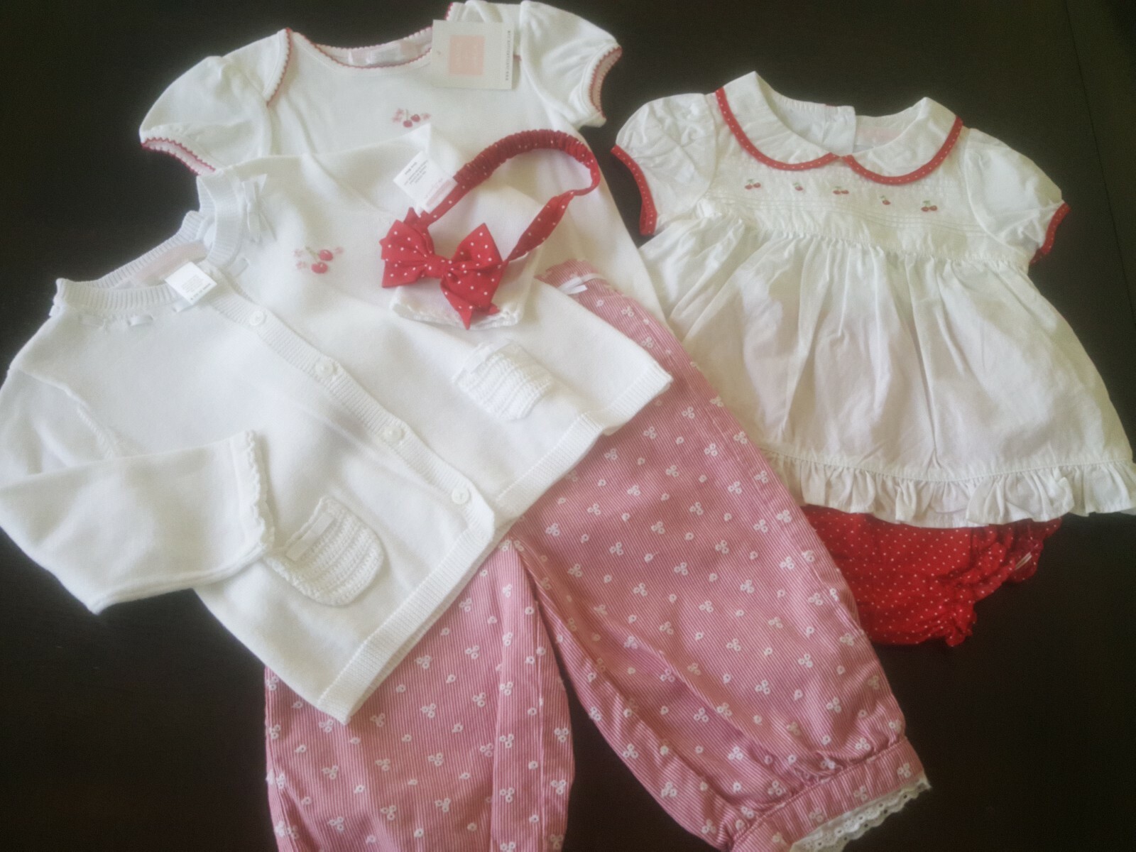 Janie and Jack Layette Cherry Set red polka dots bloomers dress headband cardiga