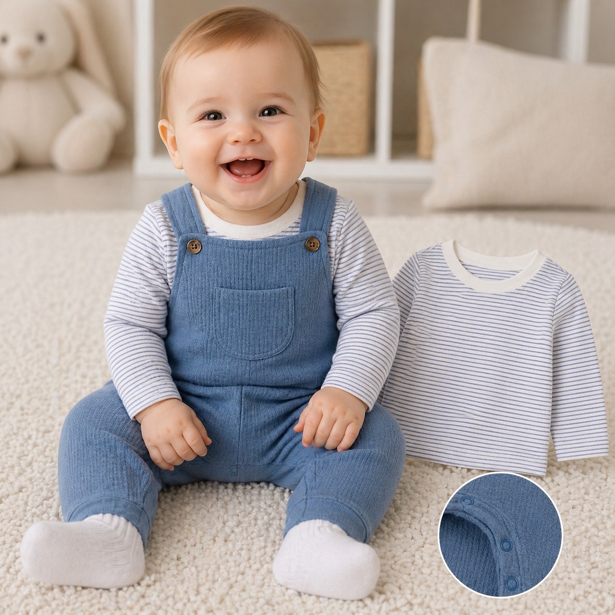 Carter’s Baby Blue Overalls & Striped Shirt 2 Piece Outfit Set 9-12 Months
