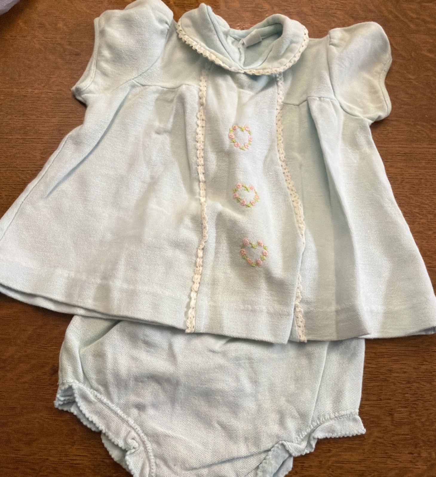 Vintage Carters Baby Girl 2 Pc Set Dress Outfit Blue Bloomers Size 12 mo Hearts