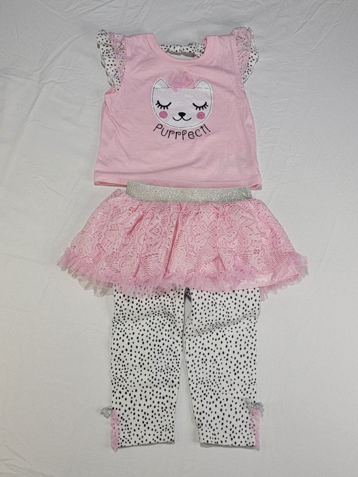DDG Darlings Baby Girls 2 Piece Outfit Set 18M Pink Cat Top Skirted Leggings