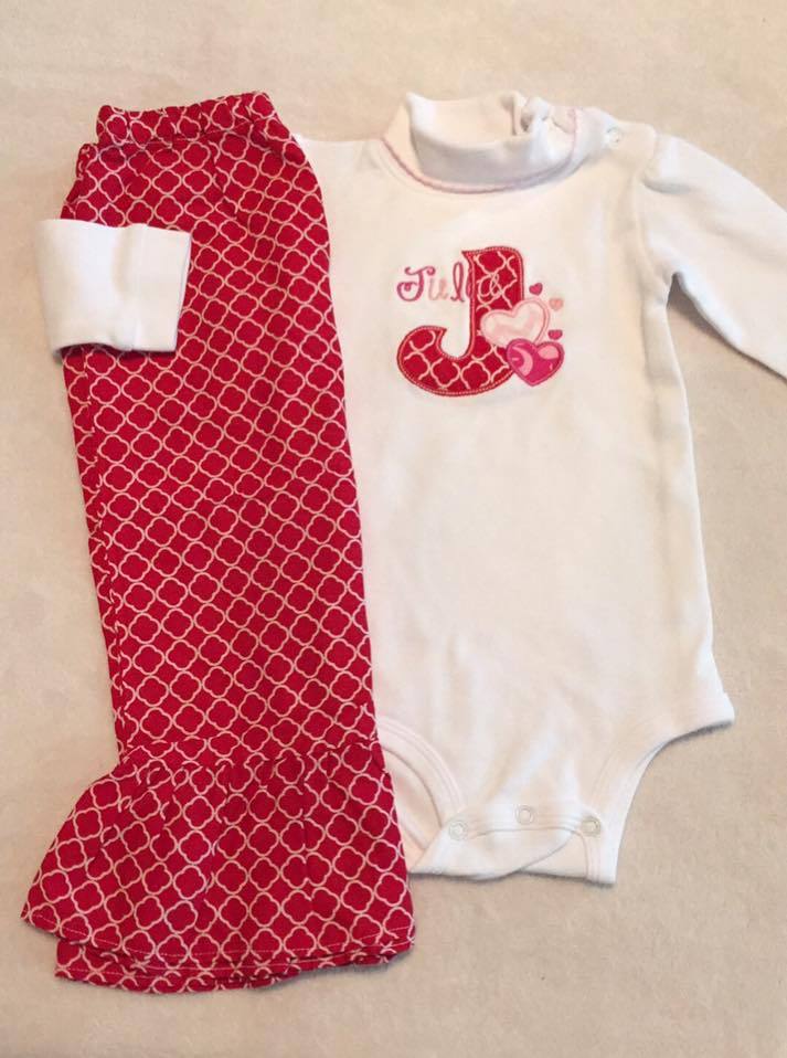 Custom personalized applique monogram “J” “Julia” boutique ruffle outfit hearts