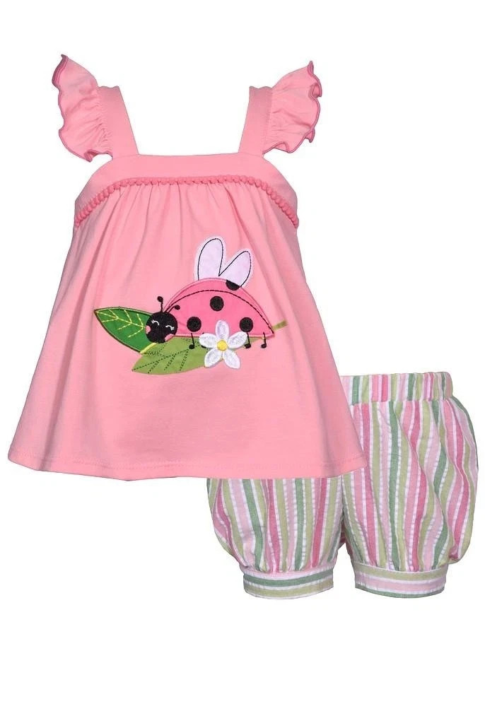 NWT Bonnie Jean Baby Girls 18M Pink Stripe Ladybug Shorts Set Flutter Sleeve