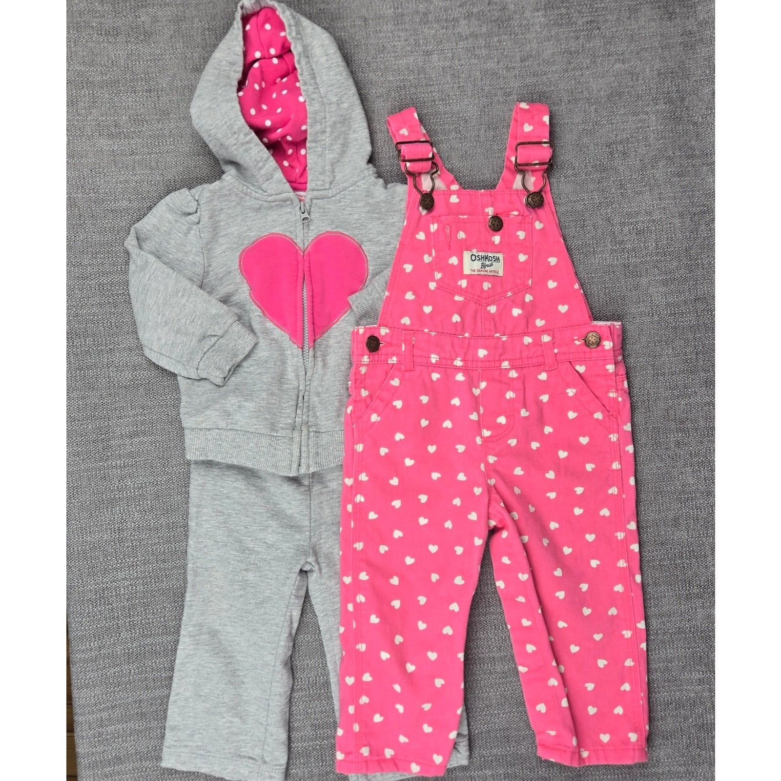OshKosh Bgosh Pink Heart Overalls & Carters Gray Heart Hoodie Track Pants Set