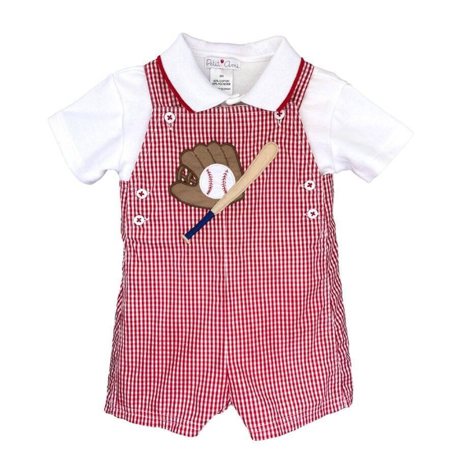 Petit Ami Red Check Baseball Applique Shortall with Shirt 12 18 24 Months