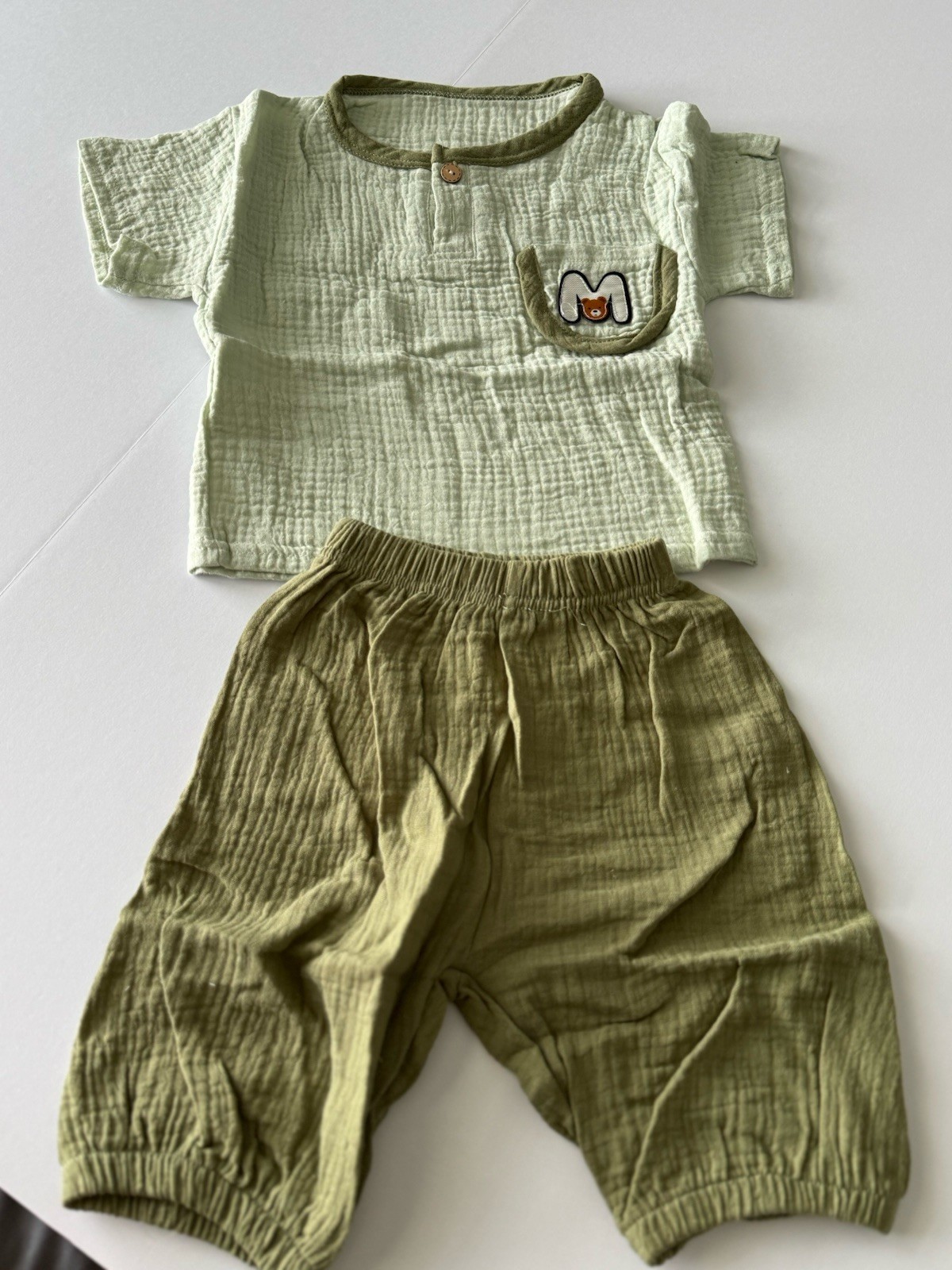 Baby Boy Summer Outfit Set Cotton Muslin Shirt Pants Green Cute Bear 1-2Y