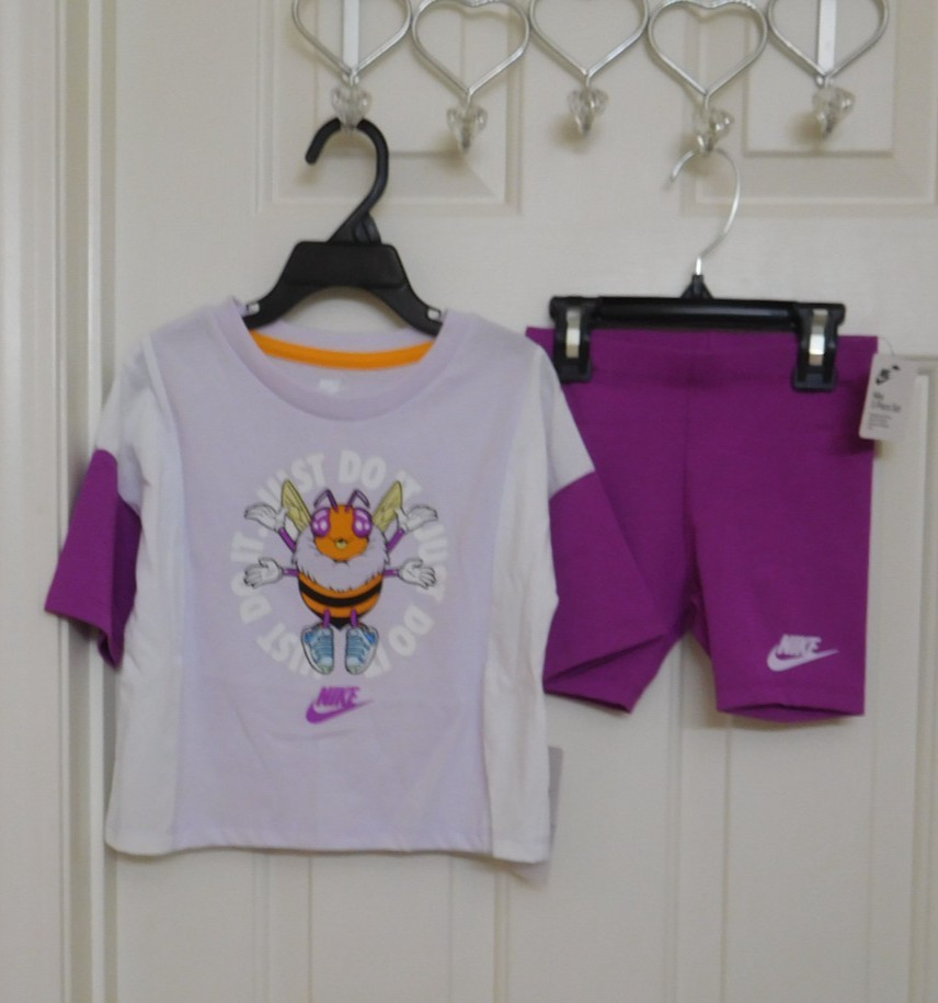 NWT 2pc Nike Purple Bee Just Do It Logo Top & Bike Shorts sz 4t