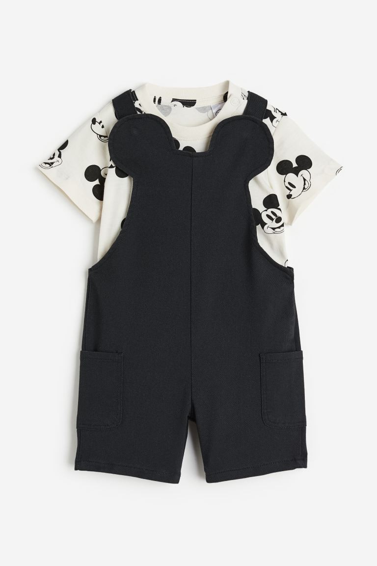 New H&M Black and White Mickey Mouse 2-piece T-shirt Dungarees Outfit Set 18-24M