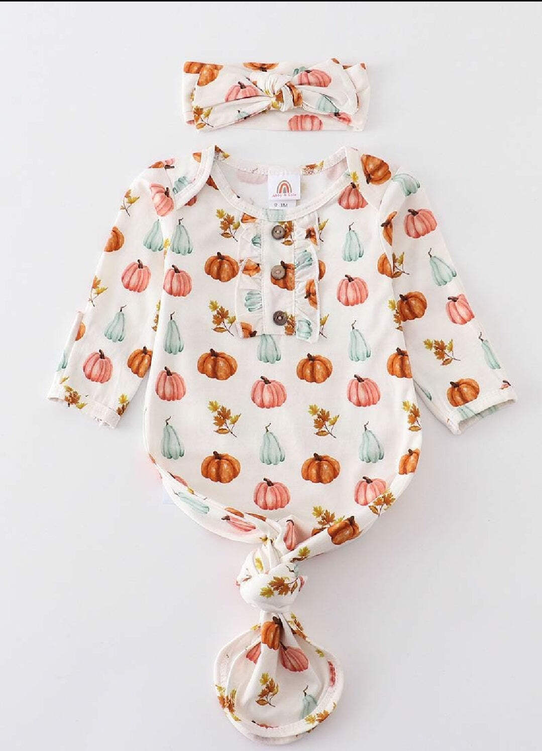 Girl’s Boutique Pumpkin Print Bamboo Baby Knot One Piece Outfit And Matching Hea