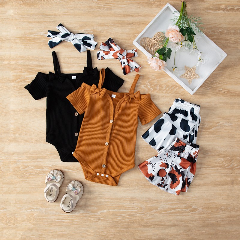 Baby Girl Flare Outfit Ribbed Bodysuit Button Romper Cow Print Bell Bottoms Set
