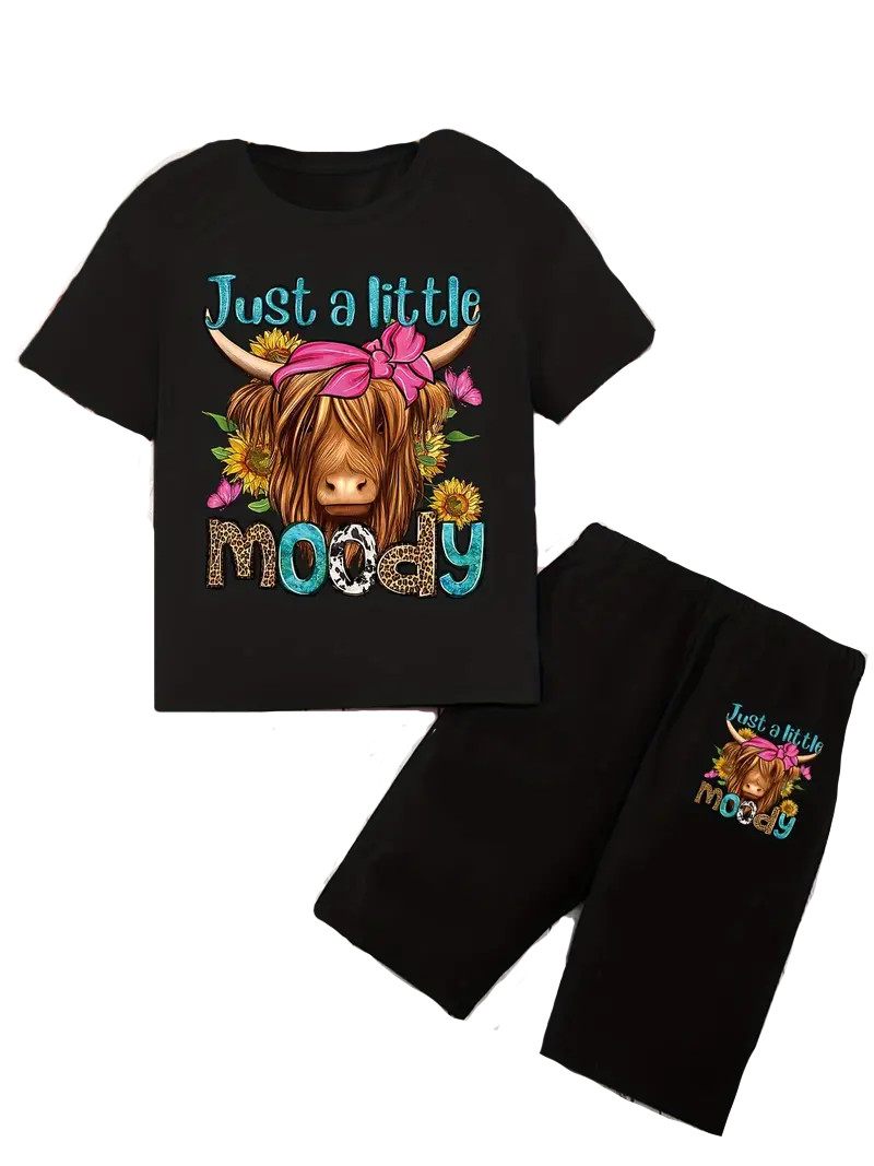 New Girls Highland Cow Shirt & Shorts Set Size 2T Black