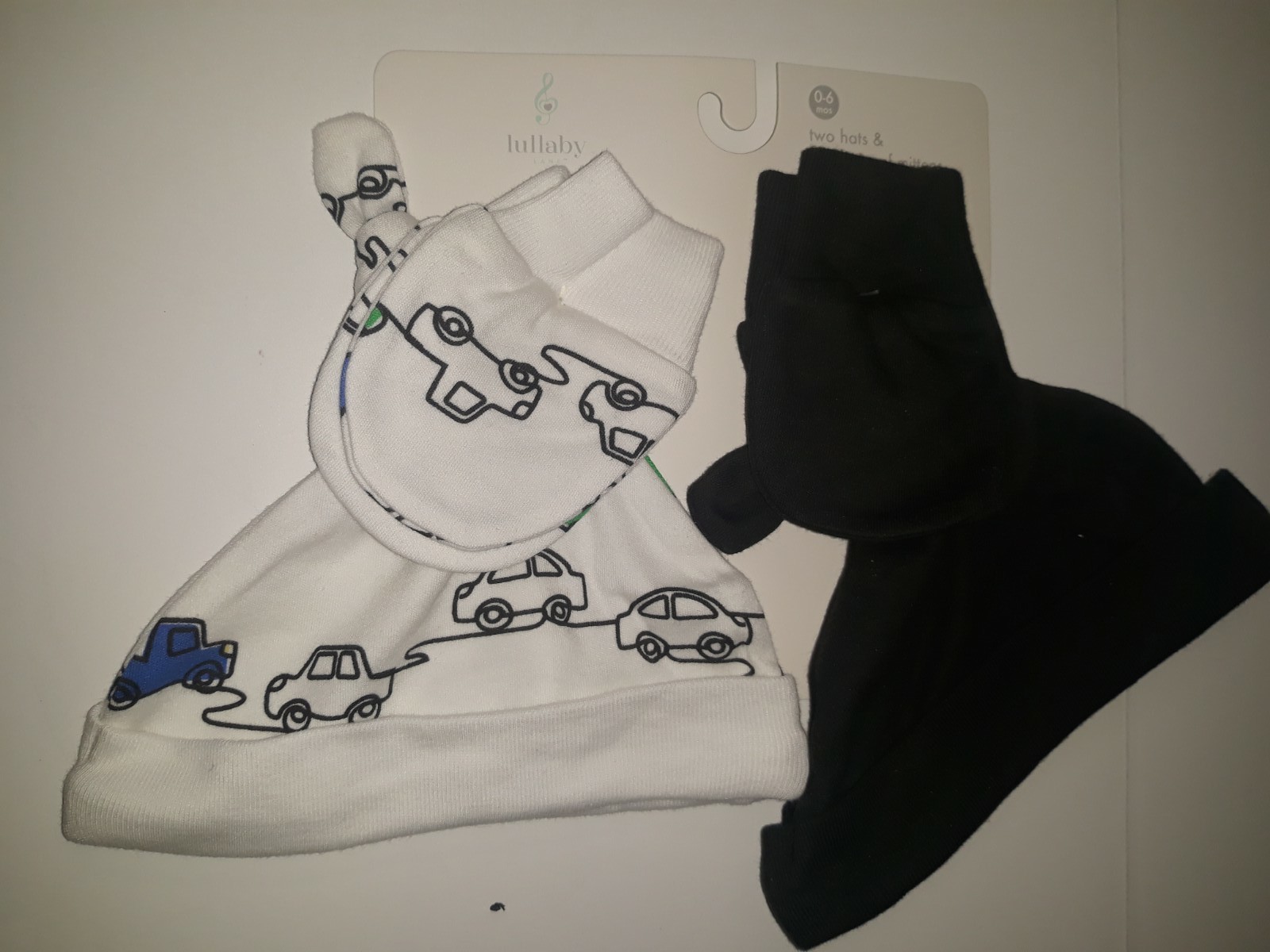 Lullaby Lane 2 Baby Beanie Hat & 2 Pairs Of Mittens Set 0-6 Months Cars NEW