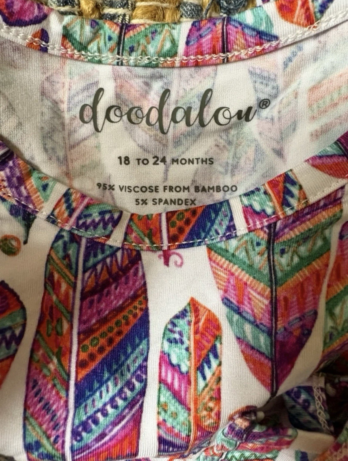 Boho colorful feather print bamboo jumper/romper-short sleeve pocket-Toddler 18-