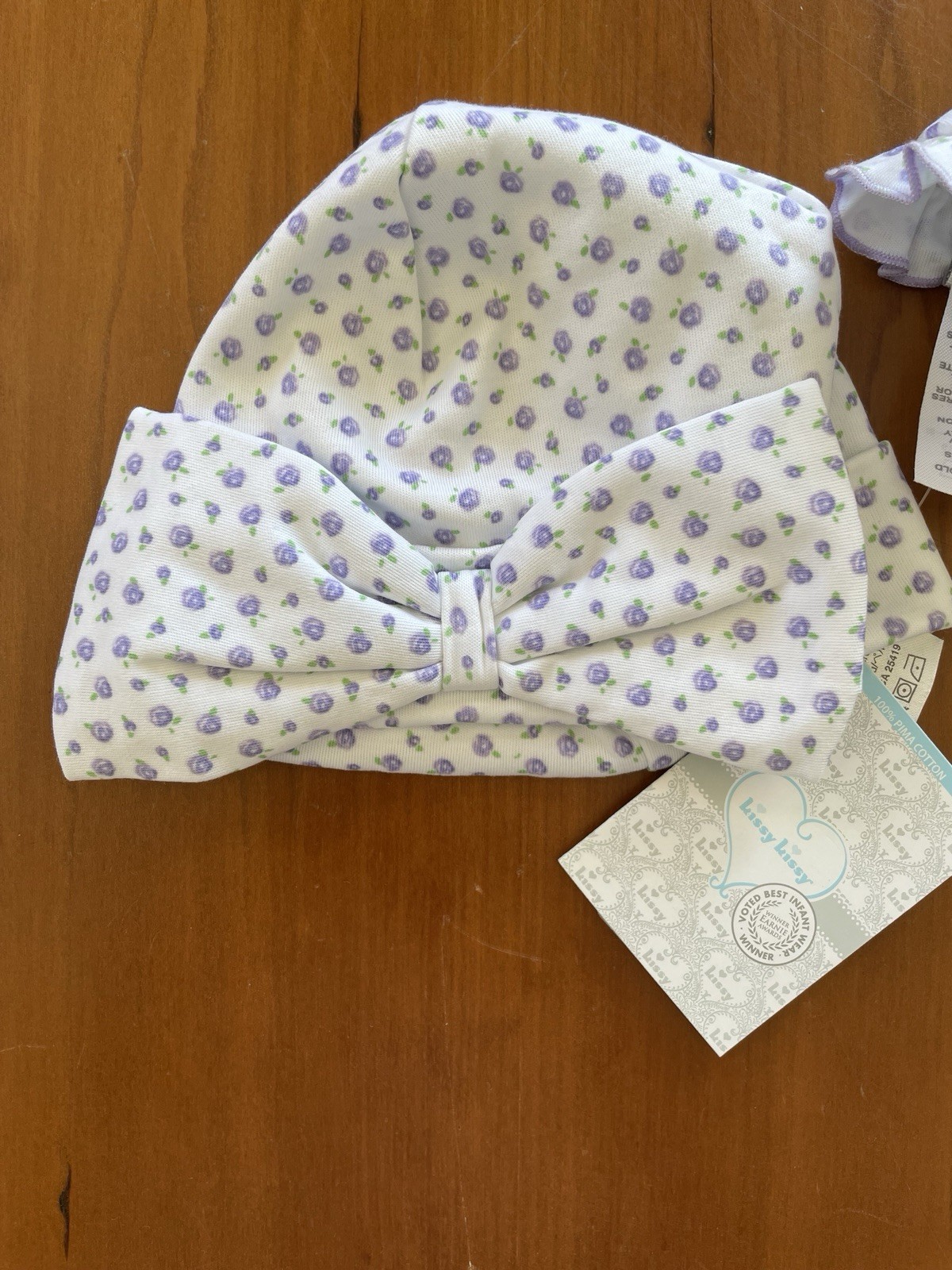 Kissy Kissy NWT White/Lilac “Rosebuds En Pointe” Ruffled Bib & Hat -0-3Mos