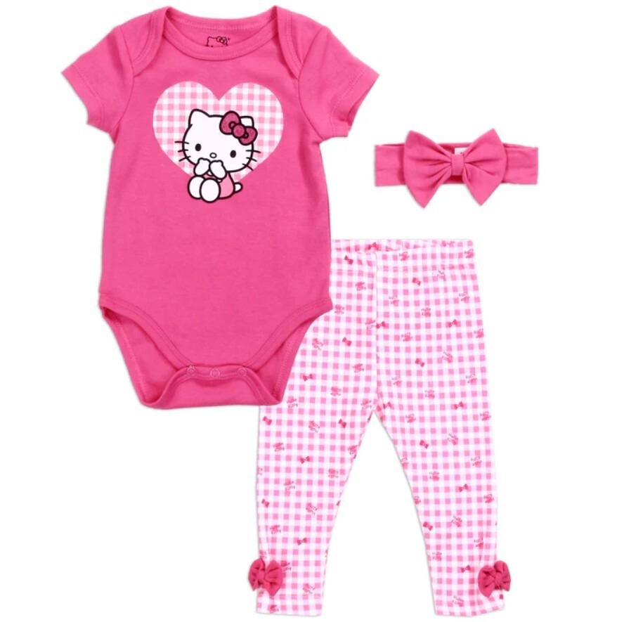 HELLO KITTY Infant Girls 3-Piece Bodysuit, Pants & Headband Set, 3M-6M-9M
