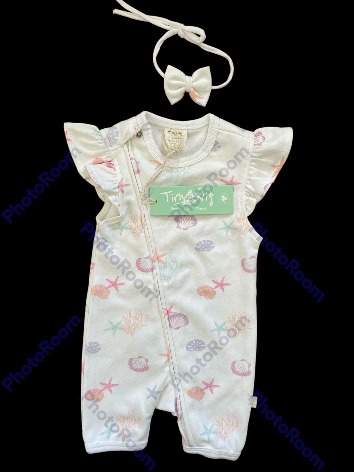 Tiny Twig NWT White/Pink/Lavender Organic Cotton Romper & Tiny Headband-0-3Mos