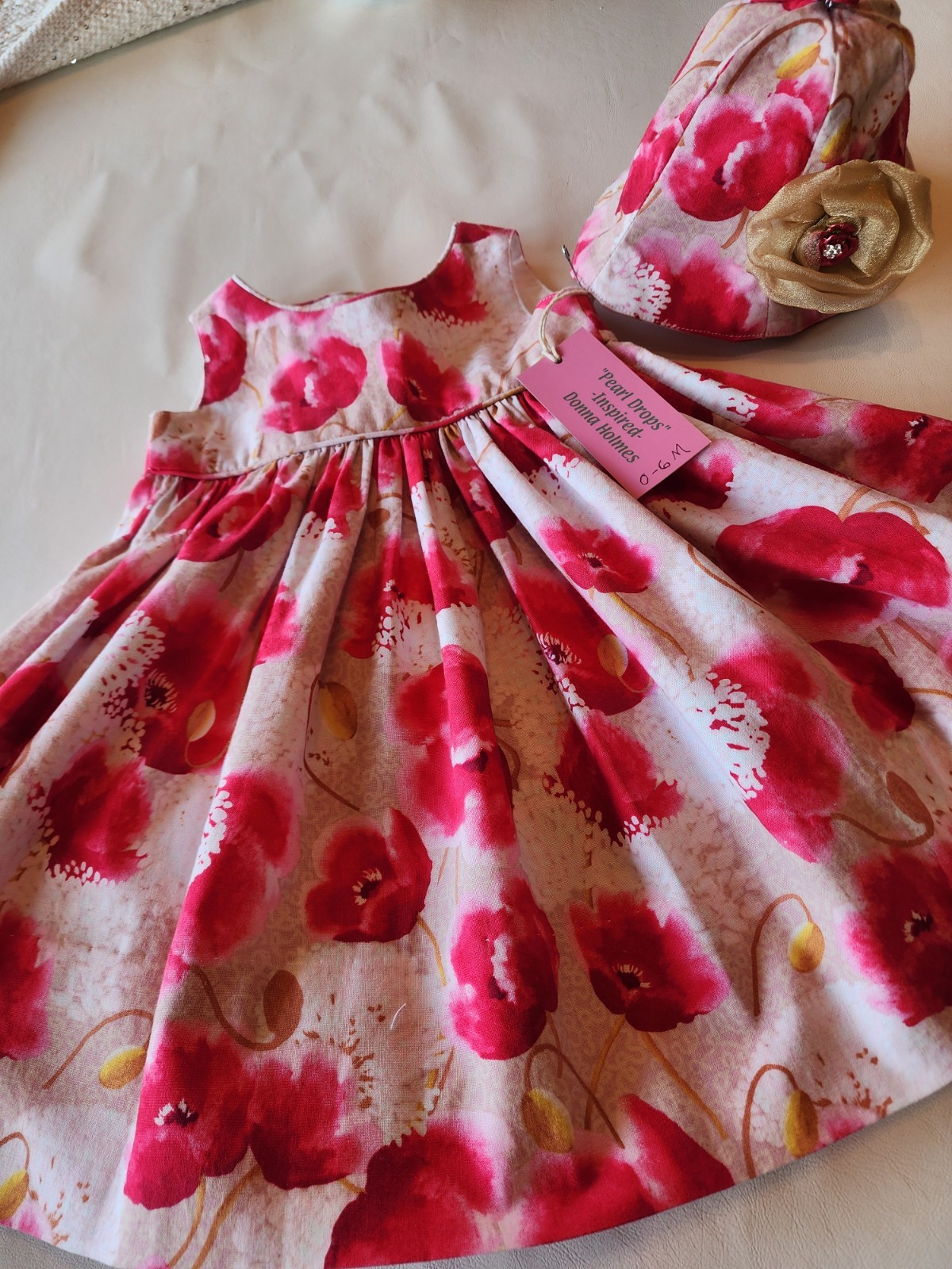 New, one of a kind, Infant 0-6M Dress & Hat, Floral, quality made by seller.