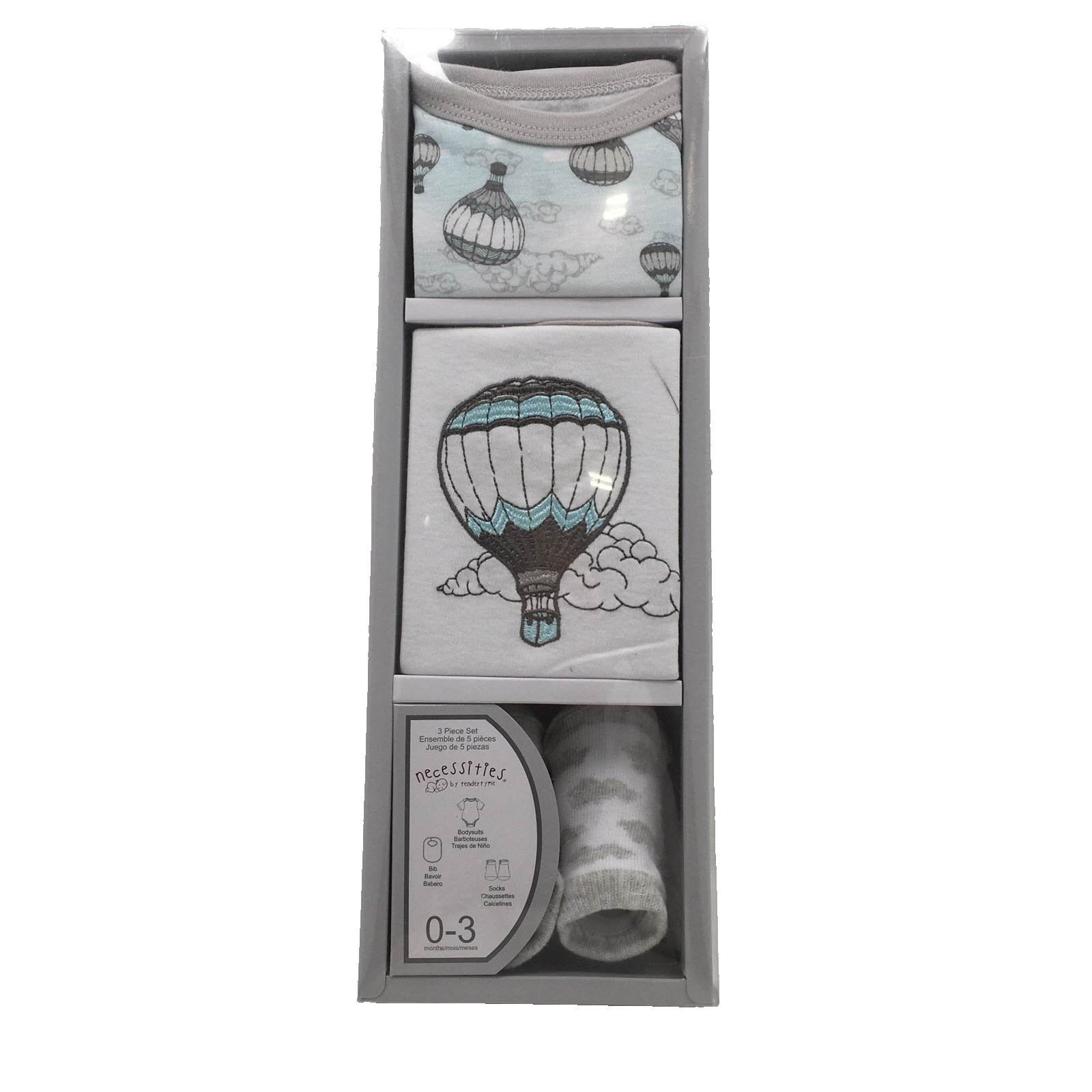 Tendertyme 3pc set 0-3 mo. Turq. & Gray Hot Air Balloon, SS Bodysuit, Socks, Bib