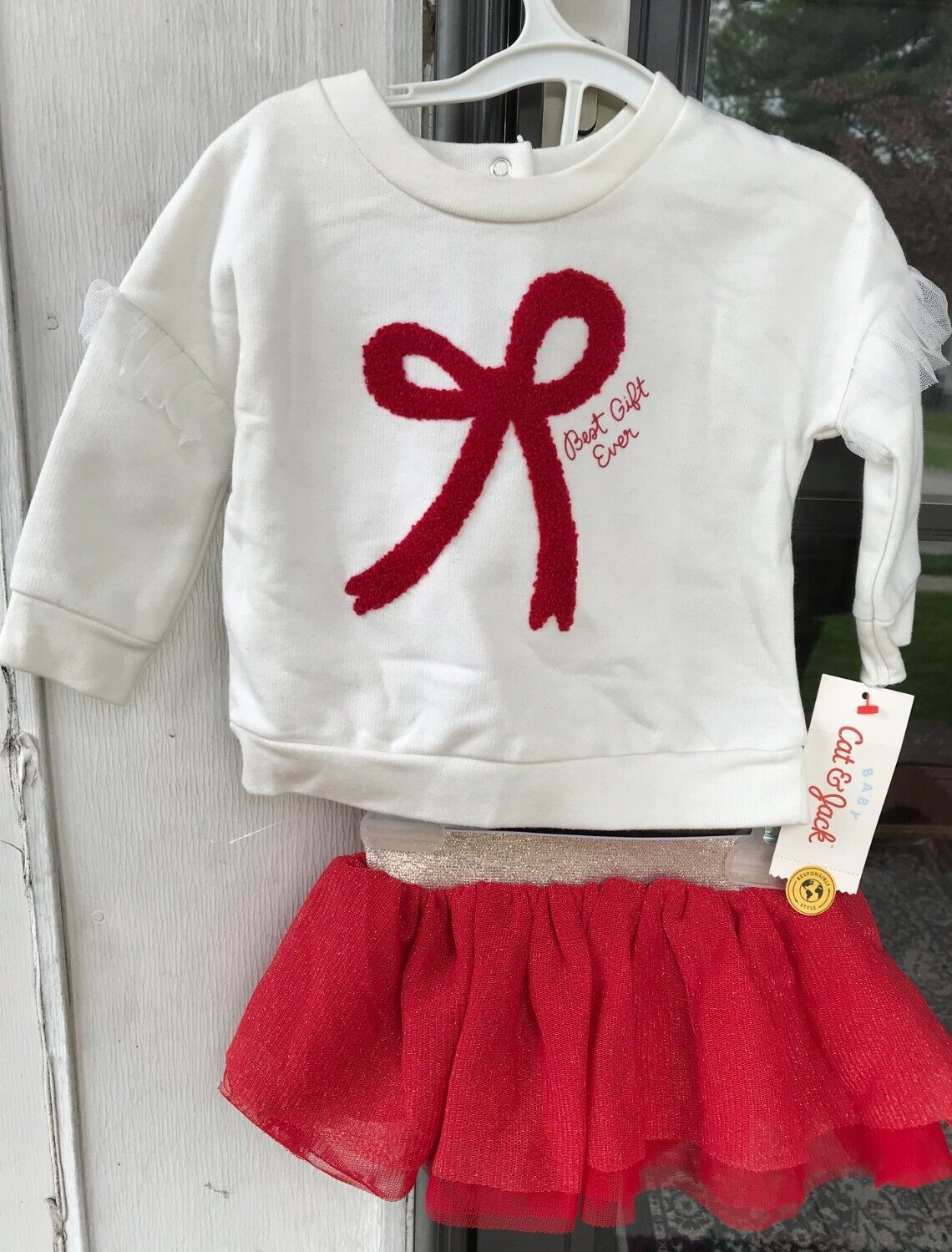 Baby Girls 12 mo Cat & Jack BEST GIFT EVER Ivory Sweatshirt Red Tutu Skirt Set B