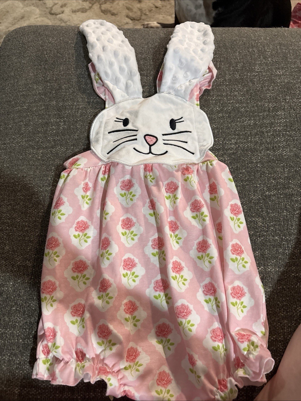 Girl’s Boutique Pink Floral Easter Bunny Applique Girl Embroidered Bunny