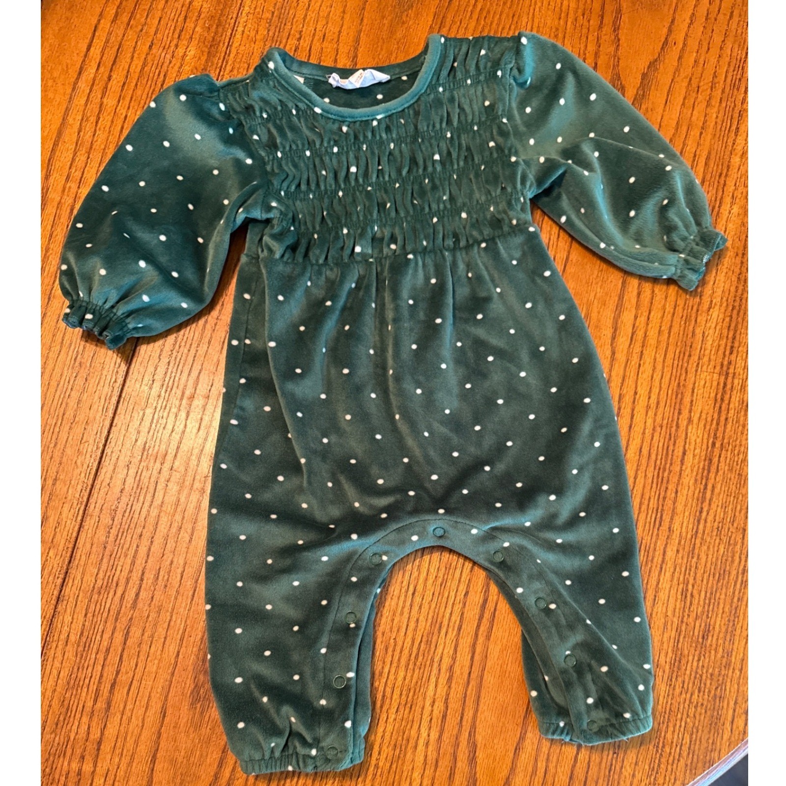 Jessica Simpson Baby Romper Velour Smocked Green Polka Dot 3-6M