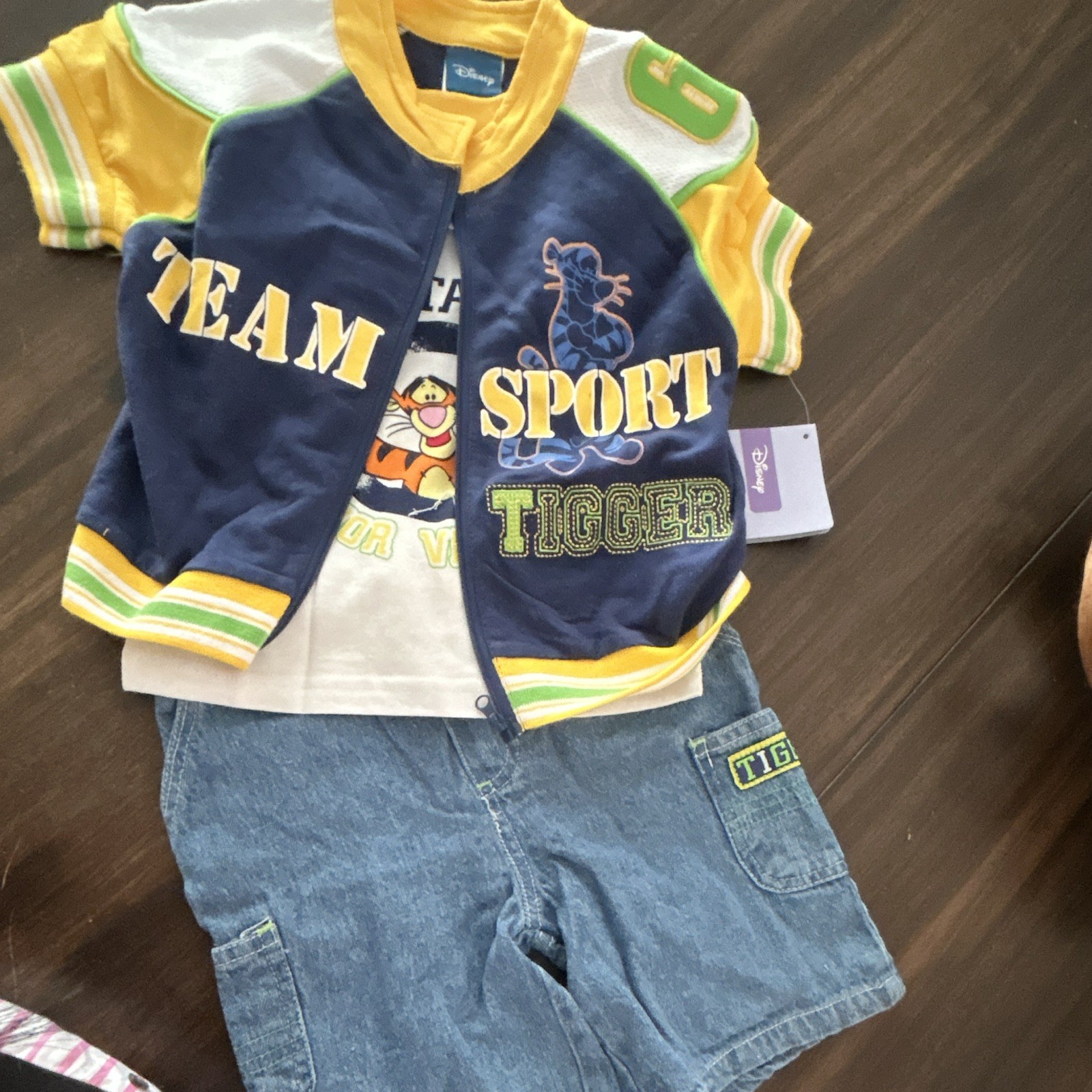 Vintage Disney Tigger 3-Piece Boys Shorts Set 2T Zip Jacket Tee Denim Shorts