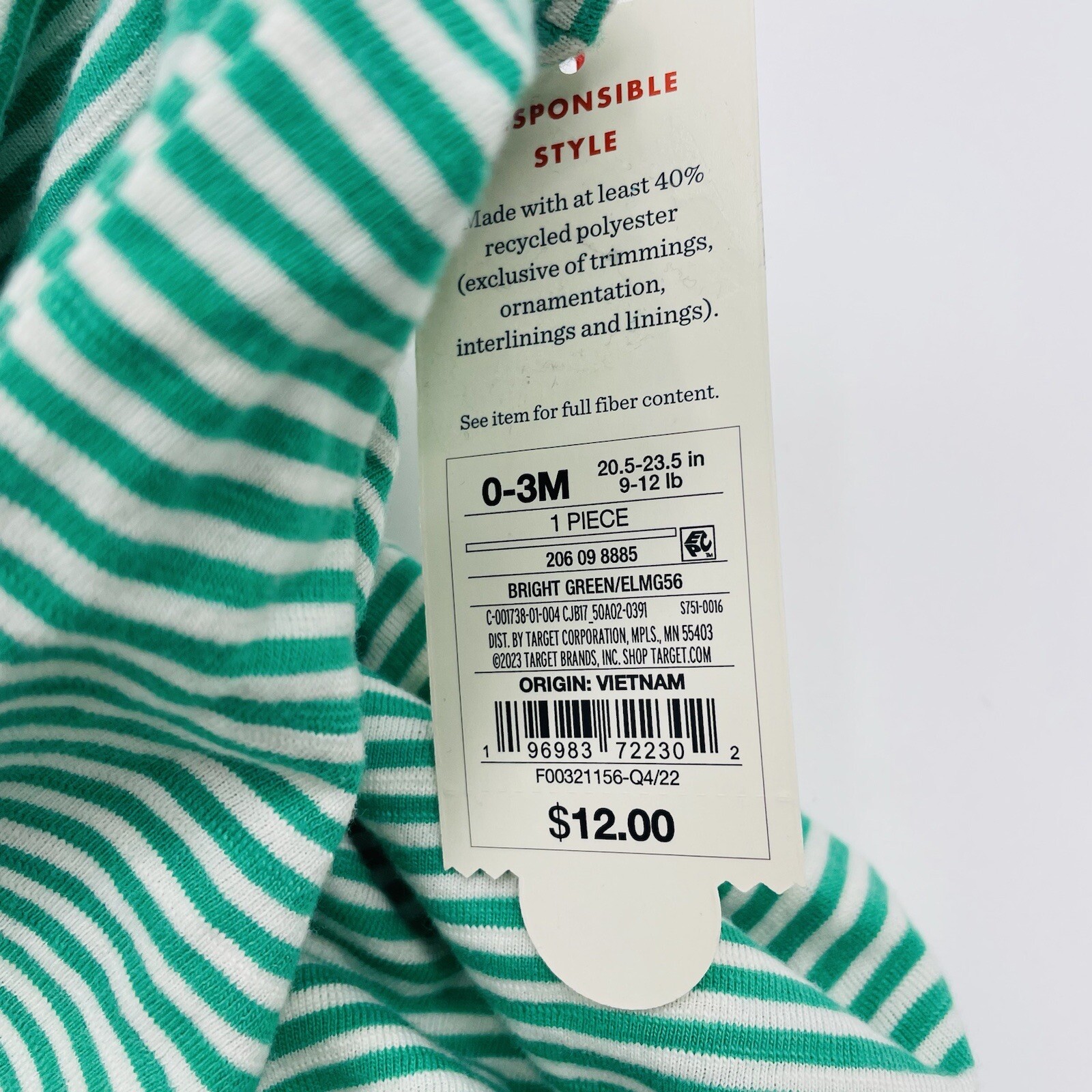 Cat & Jack Unisex Baby 0-3 Months Striped Slub Jersey Romper in Green/White 1775