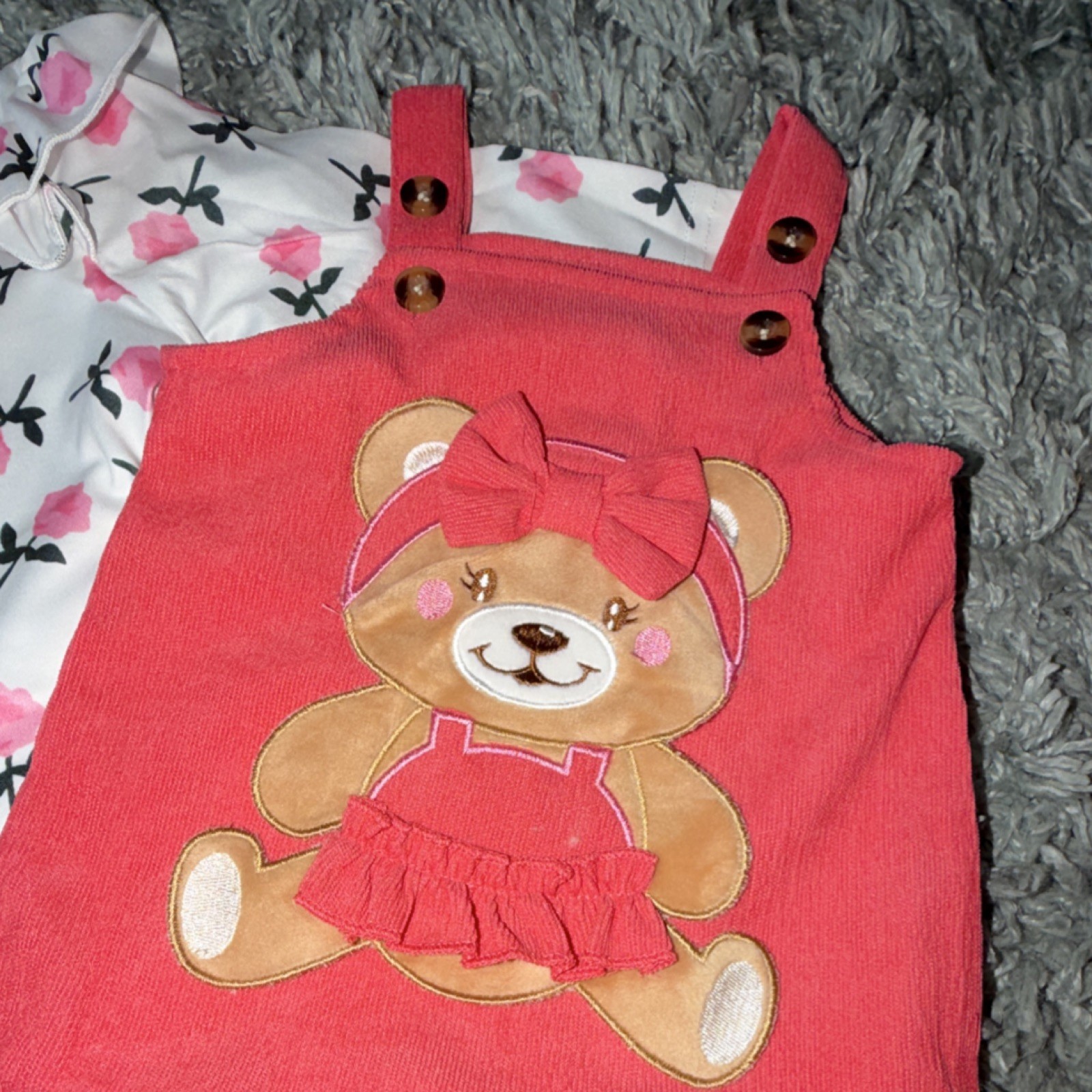 Pink Floral Bear 3 Piece Outfit Set 3-6M Bodysuit Overalls Headband