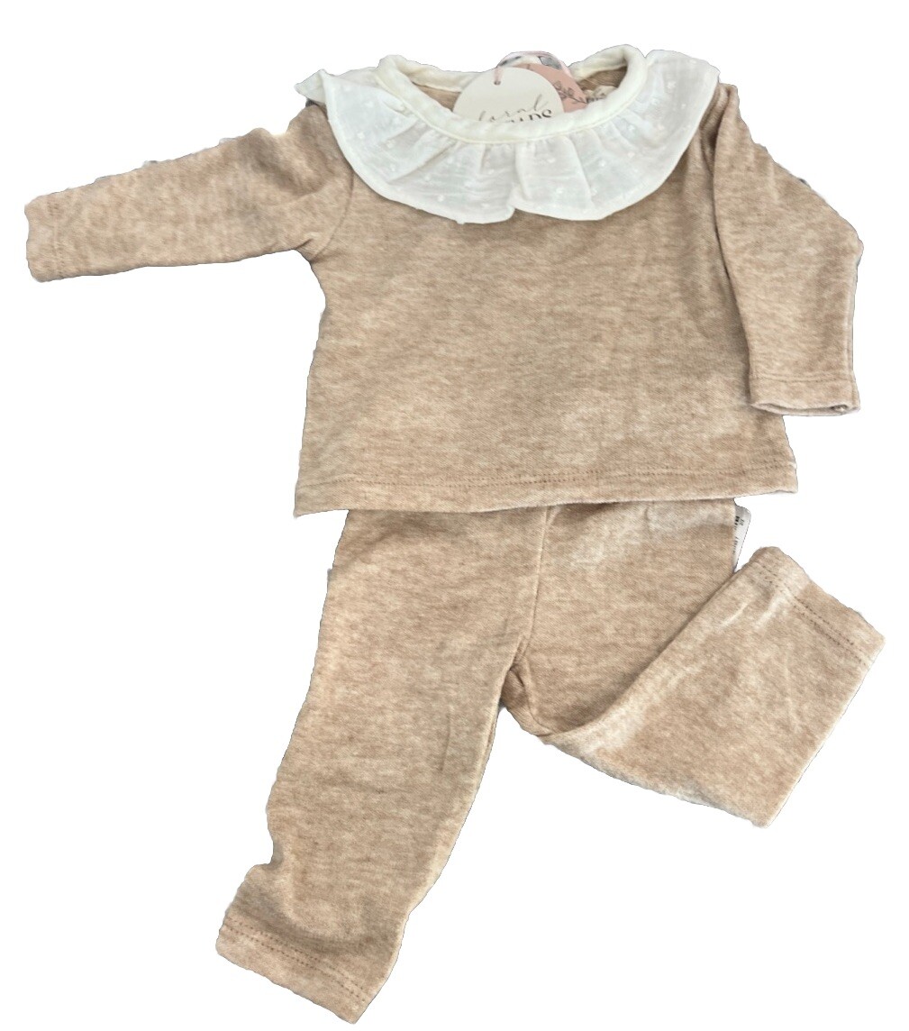 Baby Set Oat Beige.Ruffled Collar w/Embroidered Polka dots.Very Delicate.3 Sizes