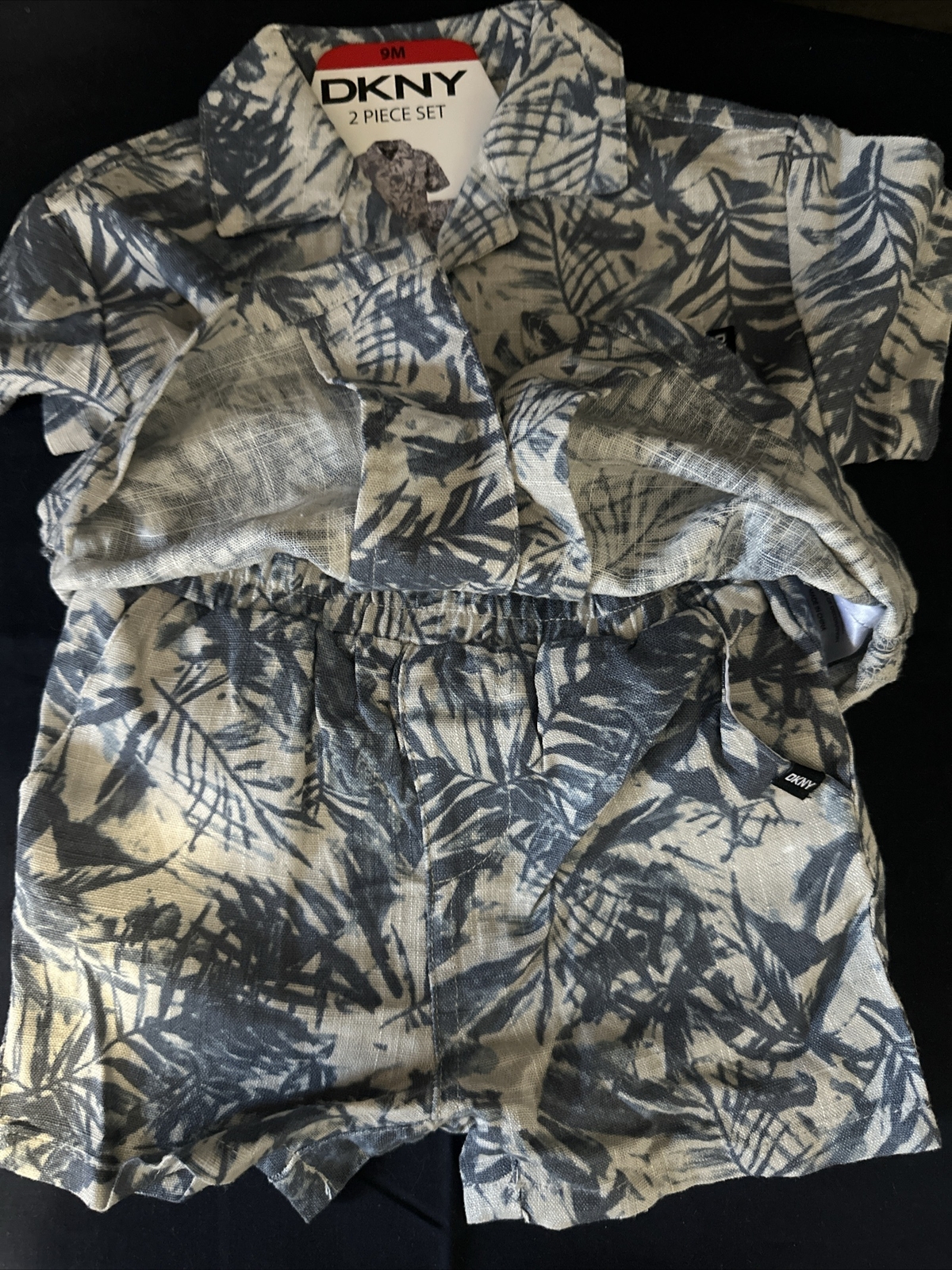 DKNY Boys Girls Button Down Shirt Shorts Blue Palm Trees 2-Piece Cabana Set 9MTH