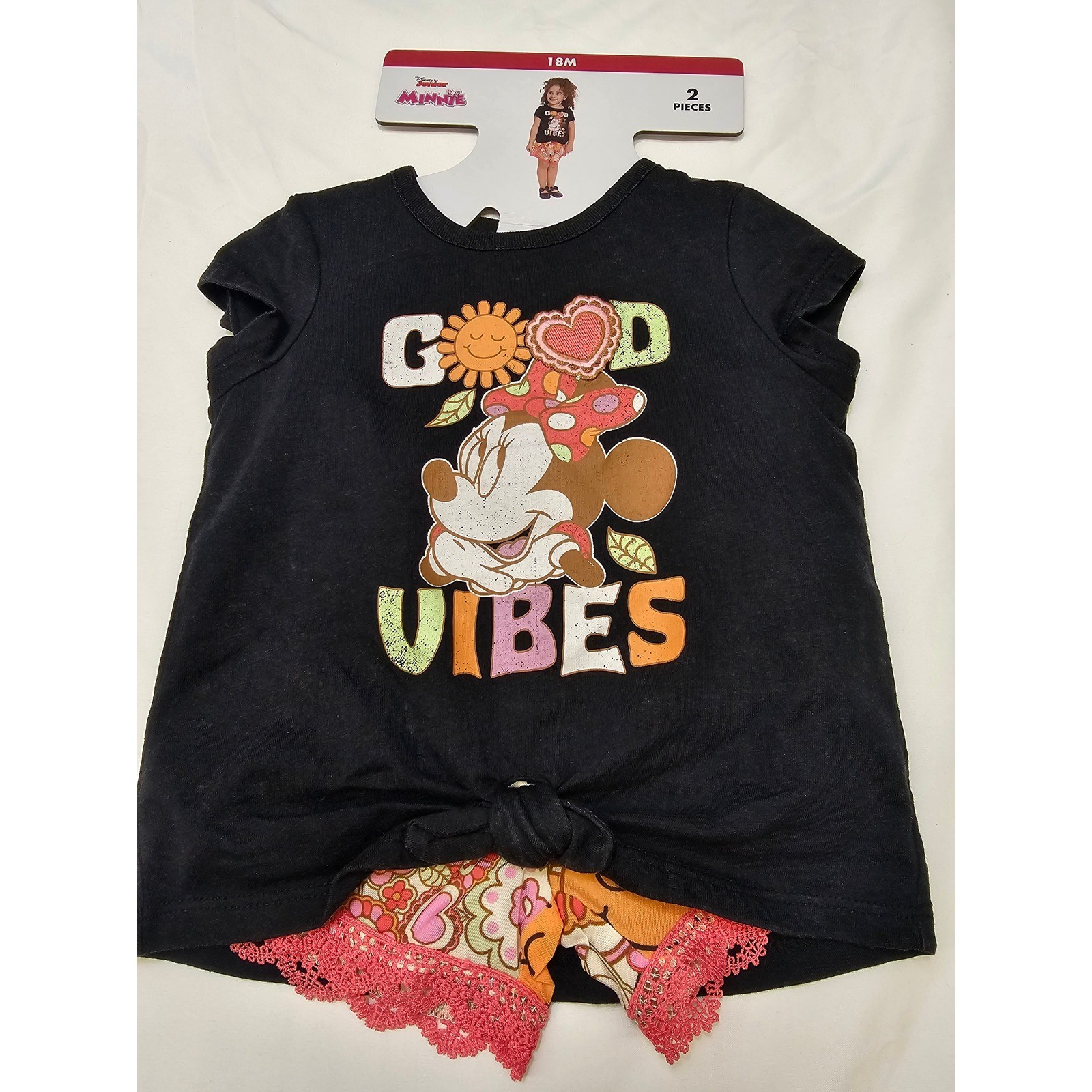 Disney Minnie Mouse Girls 2pc Outfit Set Black Good Vibes Shirt Floral Shorts