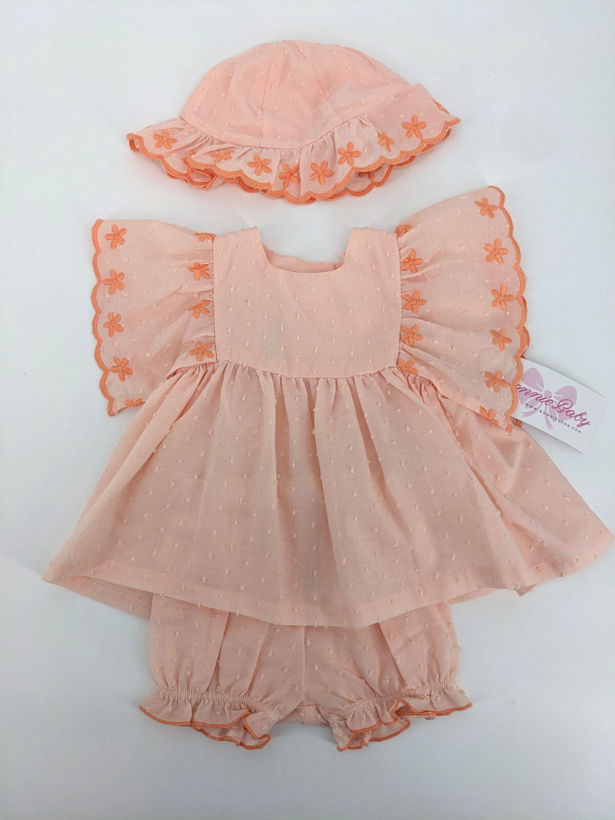NEW Bonnie Baby Girl Swiss Dot Light Peach 3pc Outfit Set 3-6 Months