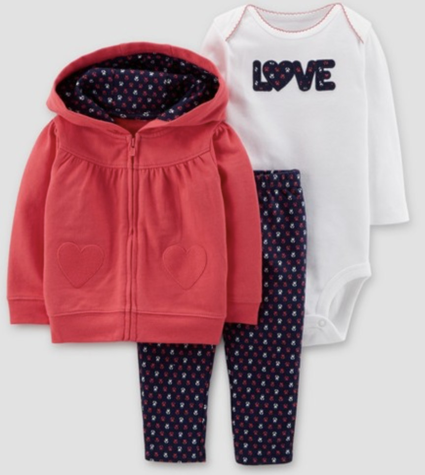 Baby Girl 3 Piece Outfit LOVE Hoodie Pants Bodysuit NWT Carters 3 Mo Hearts