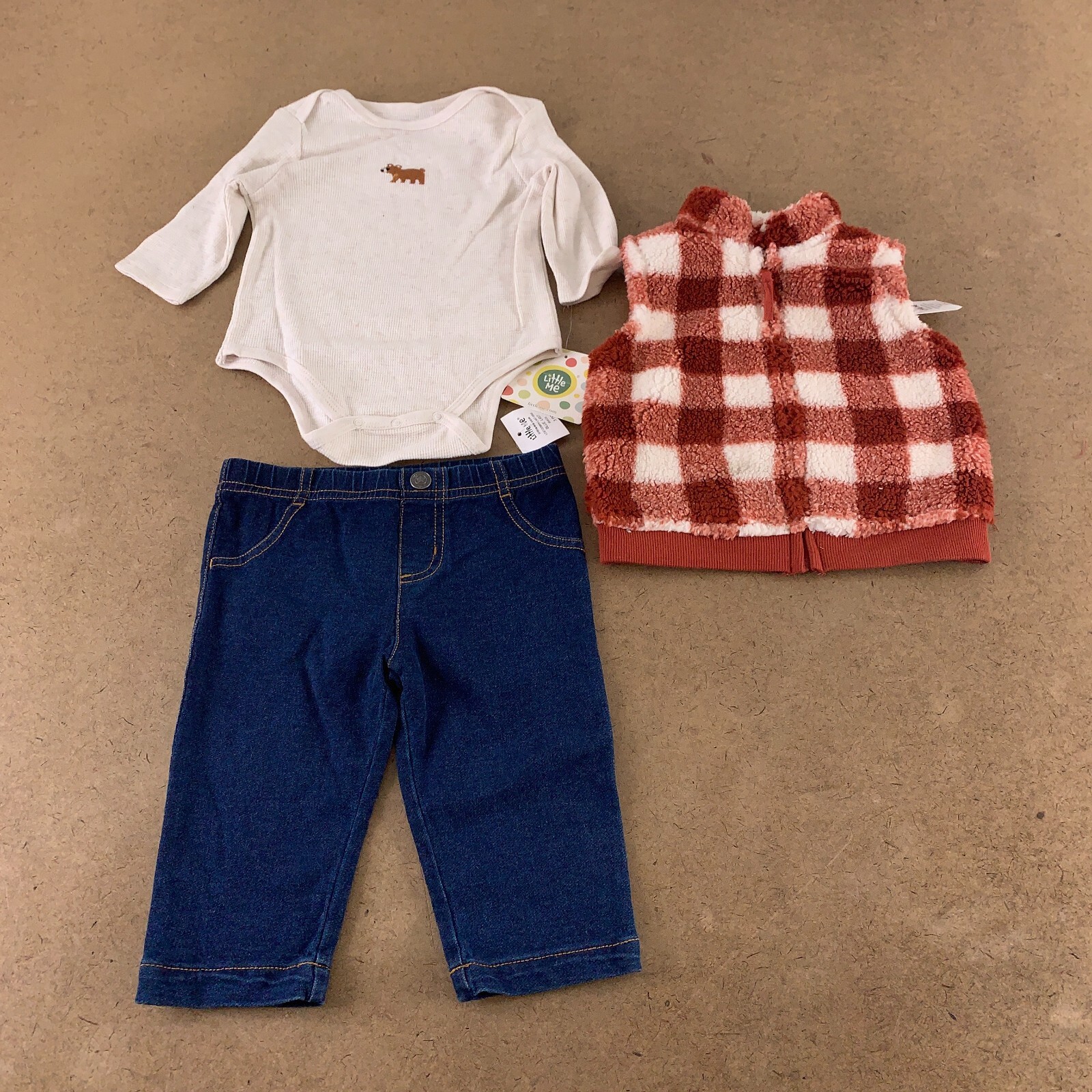 Little Me Baby Size 6 Months Emboidered Bear Sherpa Vest 3 Piece Pant Set NWT
