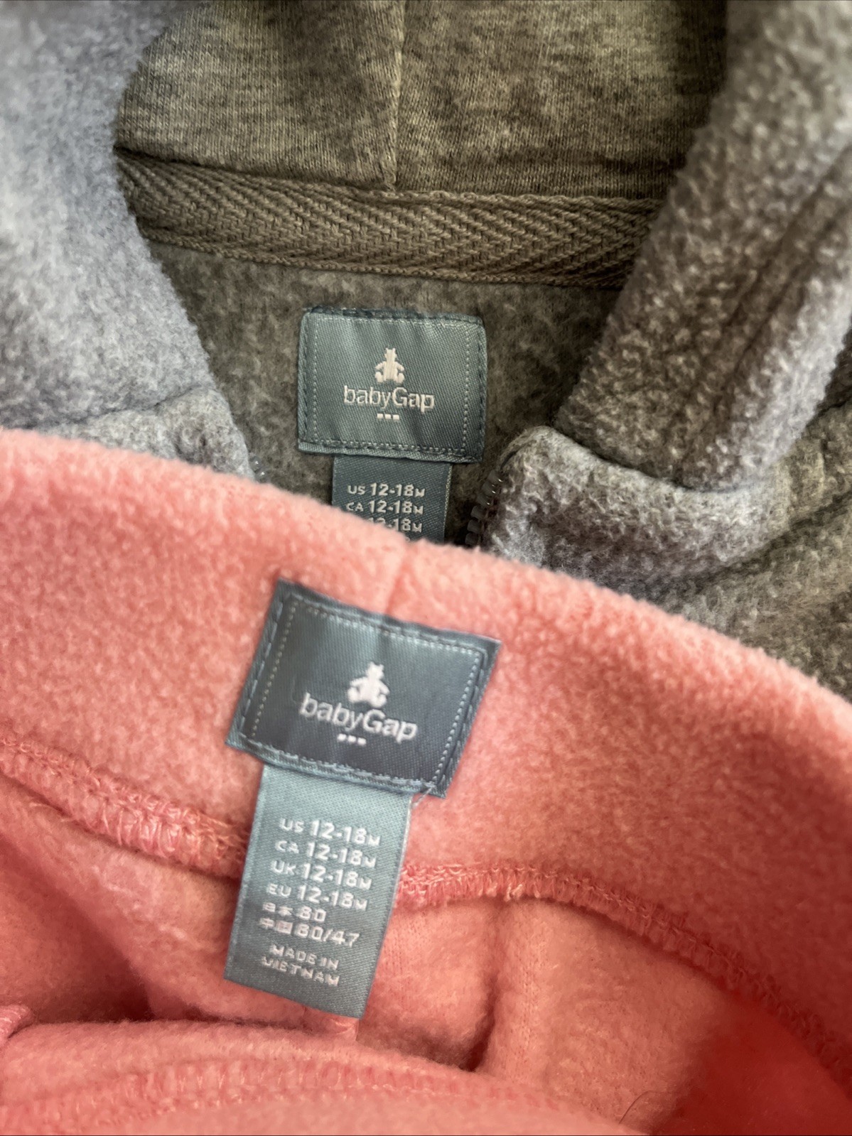 GAP Baby Pink/Gray Fleece 2 Piece Full Zip Hoodie & Pants Set Size 12-18 Month