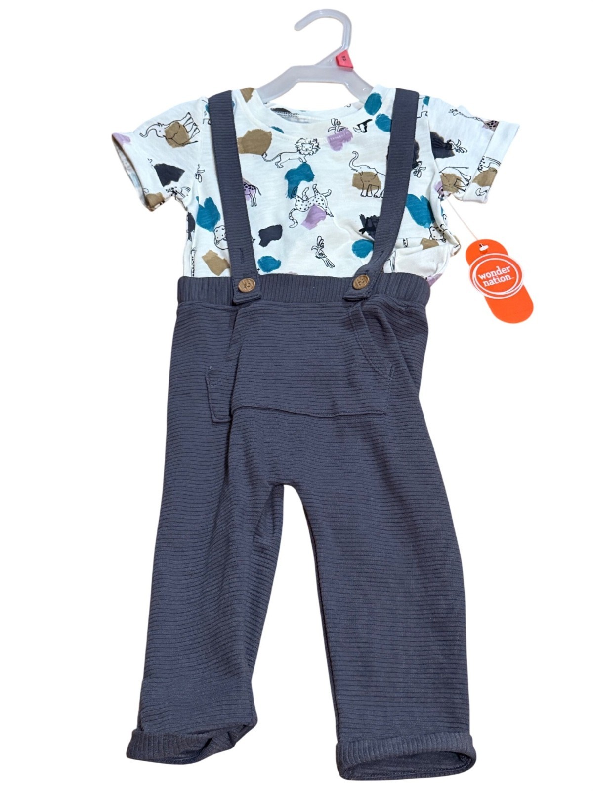 NWT Wonder Nation Baby Boys 18M 2Pcs Outfit Animal AOP Shirt & Suspender Pants