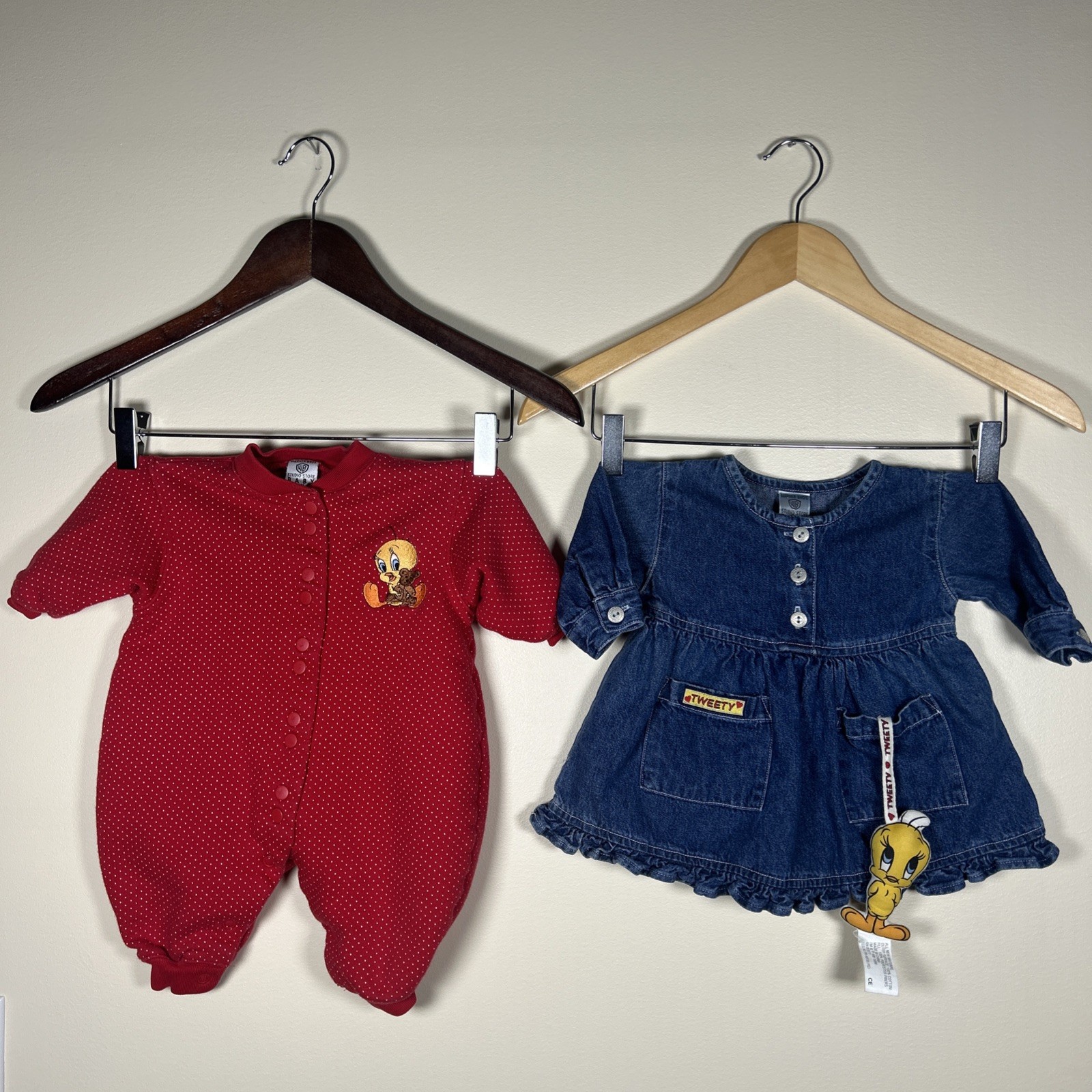VTG Warner Bros Studio Store Baby Looney Tunes Tweety Denim Dress + Pajama (6M)