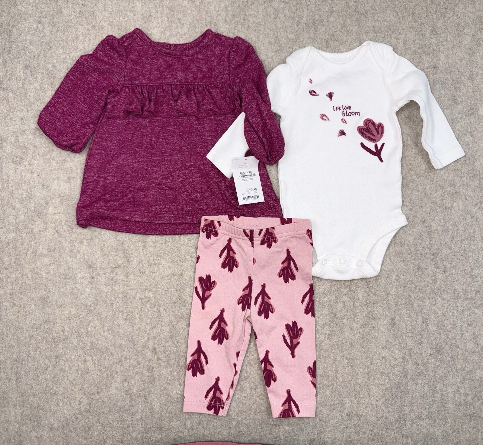 Carters Baby Girl 3 Month 3-piece Set, Pants And Shirts Pink/White NWT