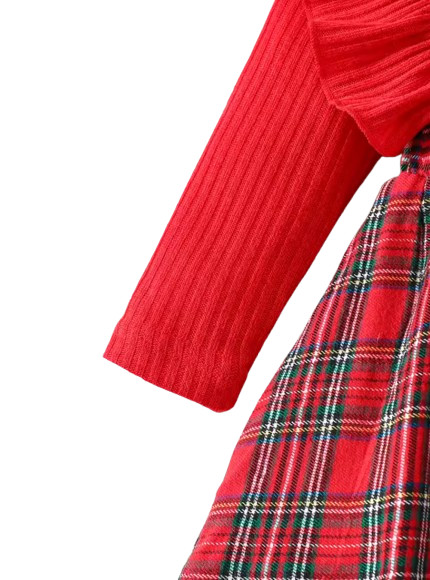 Baby Girl Red Plaid Dress Set with Bow Headband Ruffle Sleeve Ribbed Top Valenti