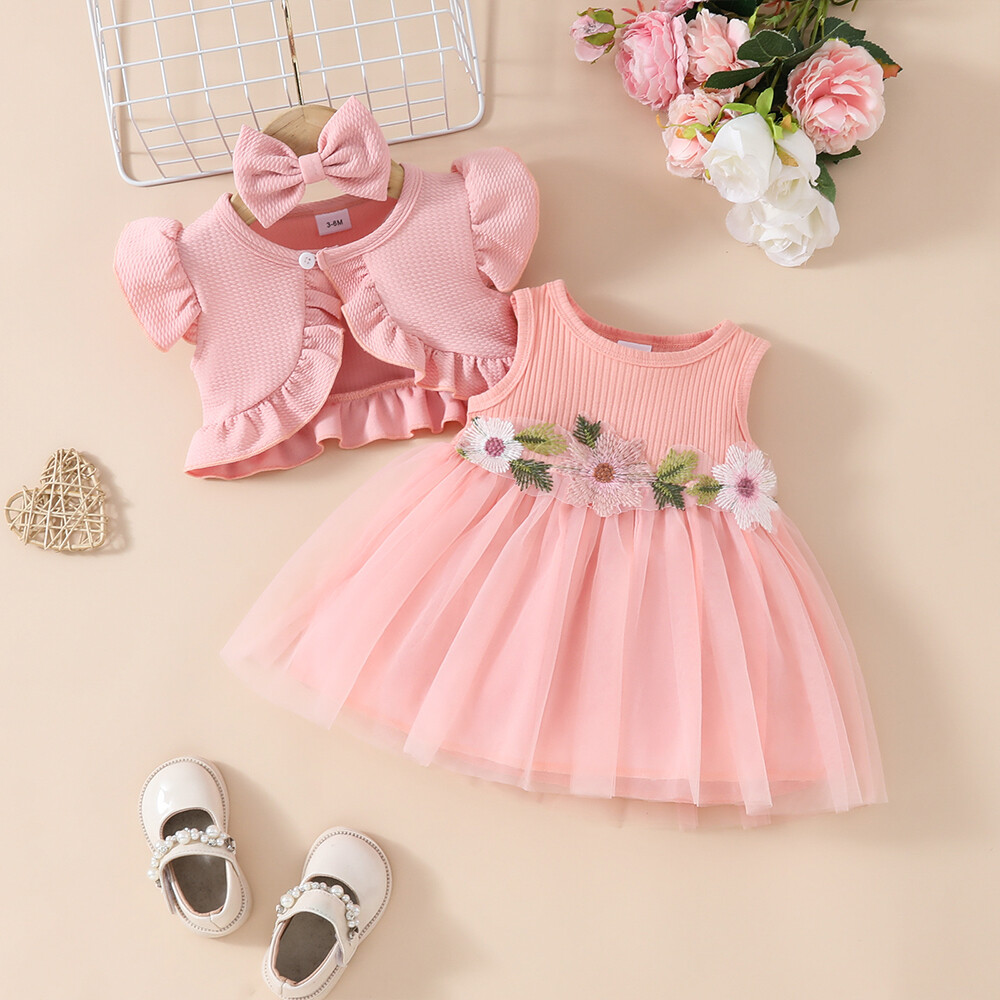 Baby Girls Flying Sleeve Solid Cute Mesh Printed Tutu Gowns Bowknot Sets Dresses