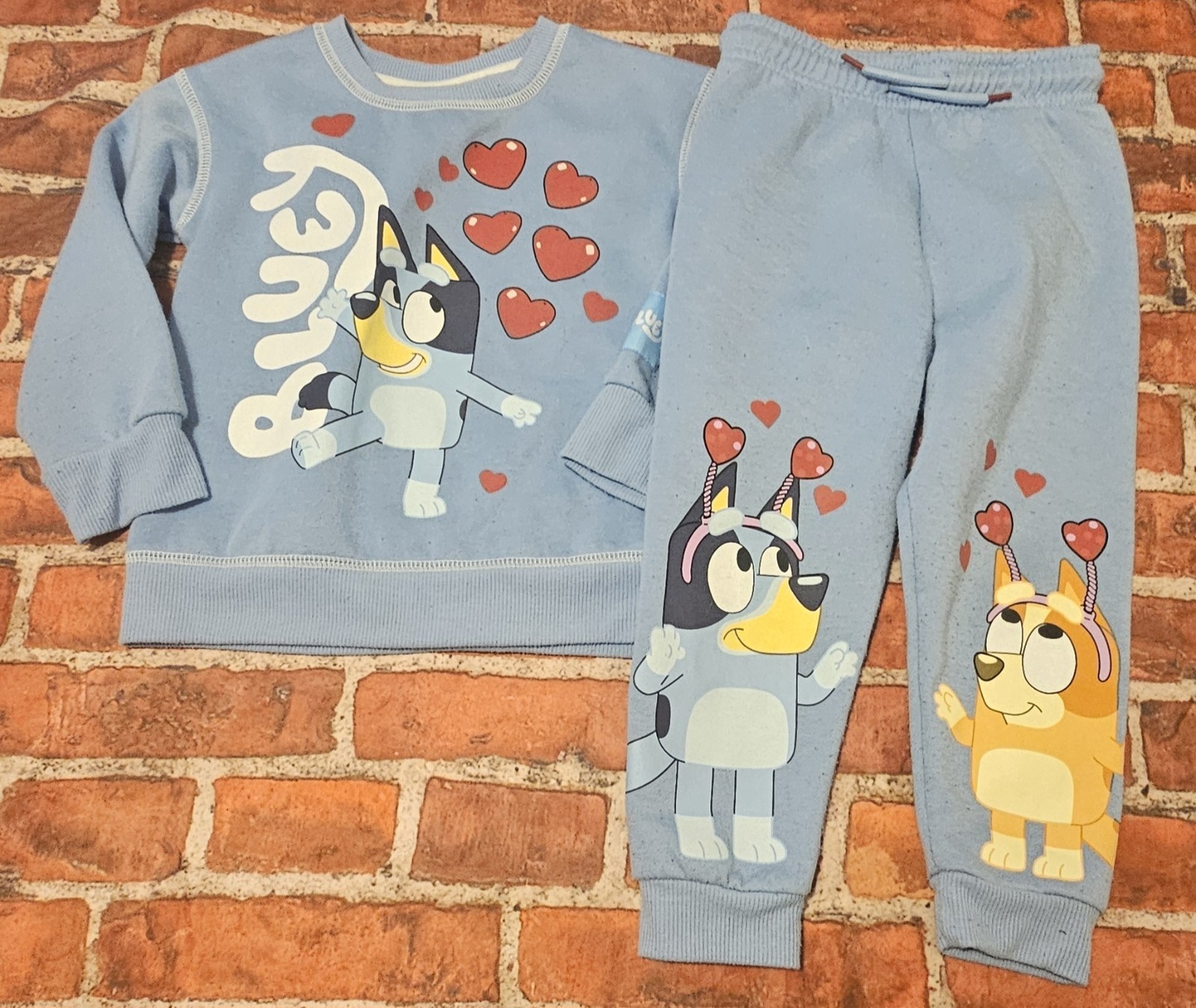 Bluey Girls Set Sz 3t Blue Hearts Sweatshirt & Bottoms