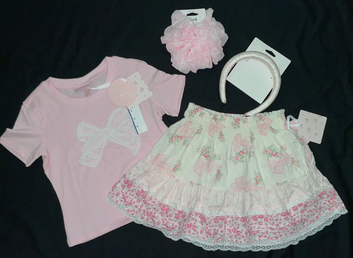LoveShackFancy X BUNDLE Girls Pink BOW TEE Top L /SKIRT 8/HEADBAND/SCRUNCHIE Lot