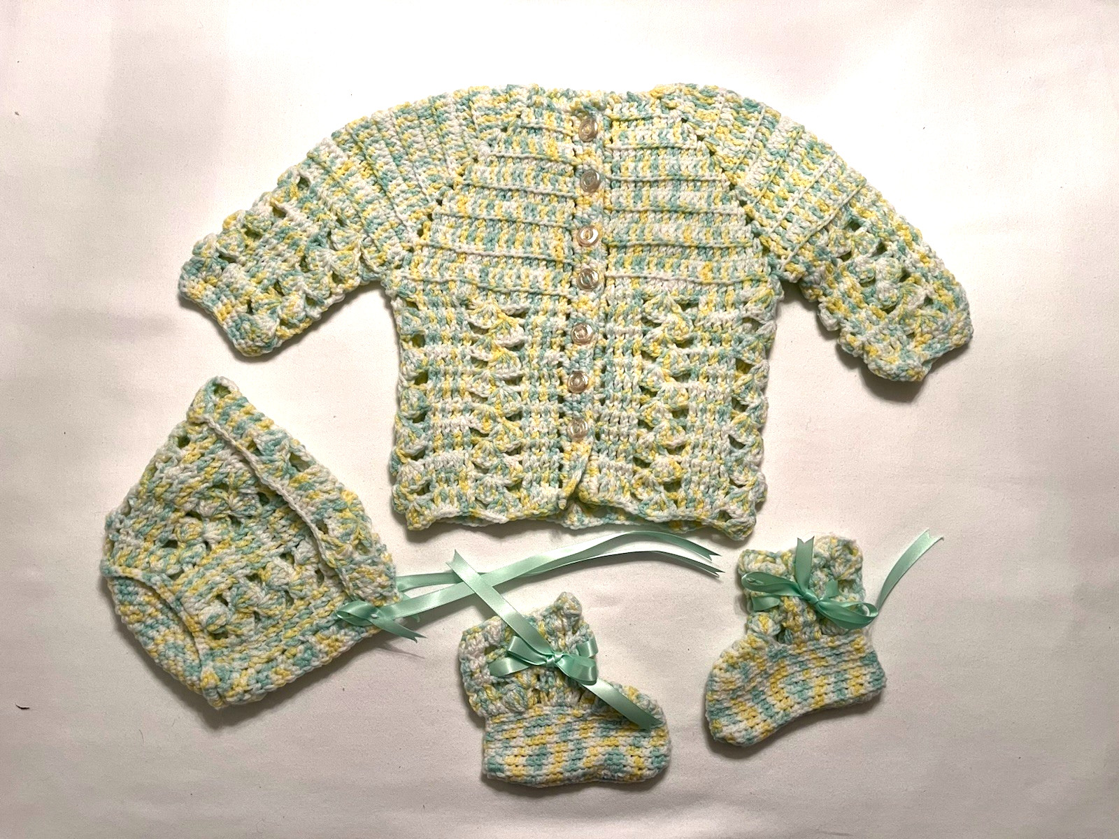 Handmade Newborn Crochet Baby Sweater, Bonnet & Booties – Green Yellow White