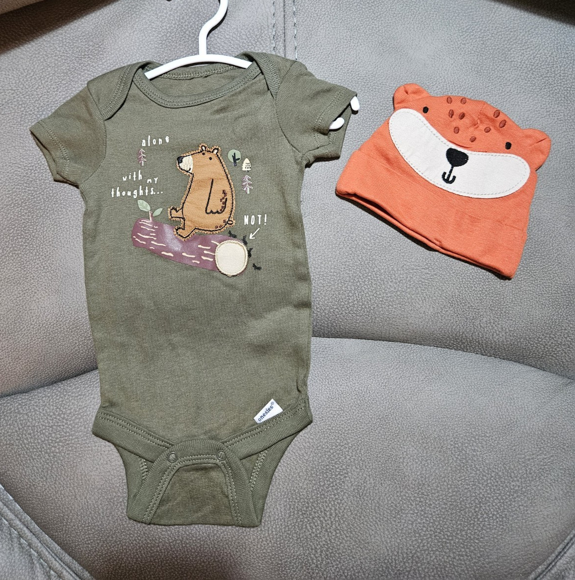0-3 Months 2pc Cotton Knit Bear Bodysuit & Hat Set Green/Orange