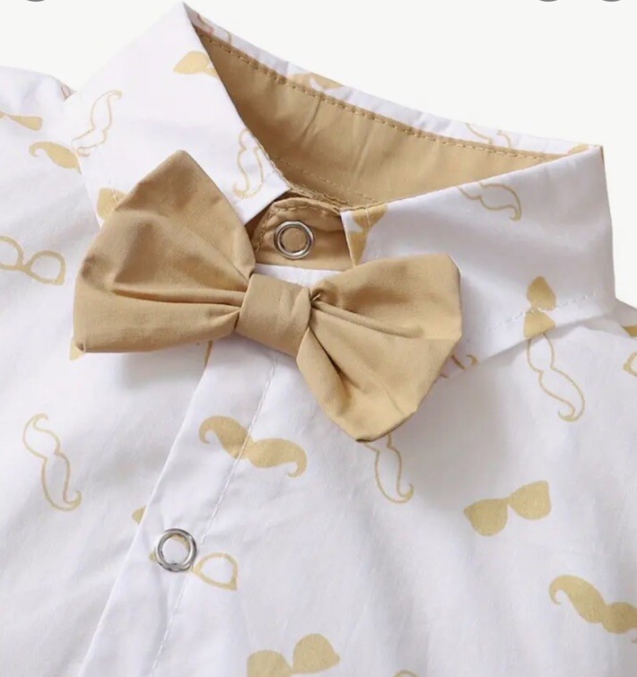 Baby Boy 2PCS Outfit Set, Mustache Bow Romper, Short Solid Color Pants