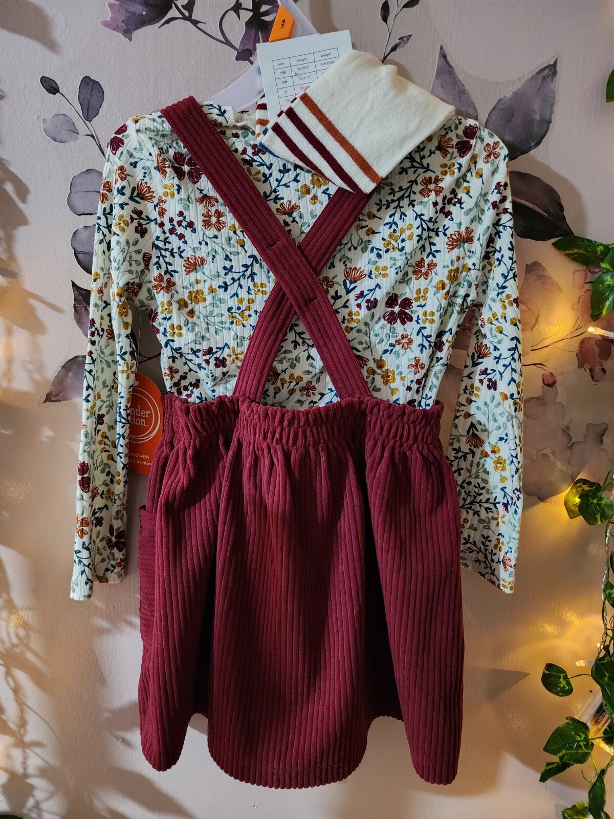 Girls 4T 3 Piece Pinafore Skirt Set with Footed Tights NWT