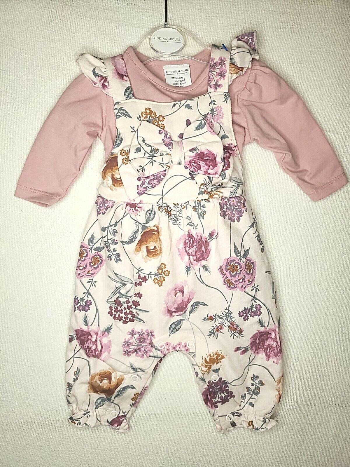 Kidding Around Baby girl 3M Pink Floral Overall 2 pc set