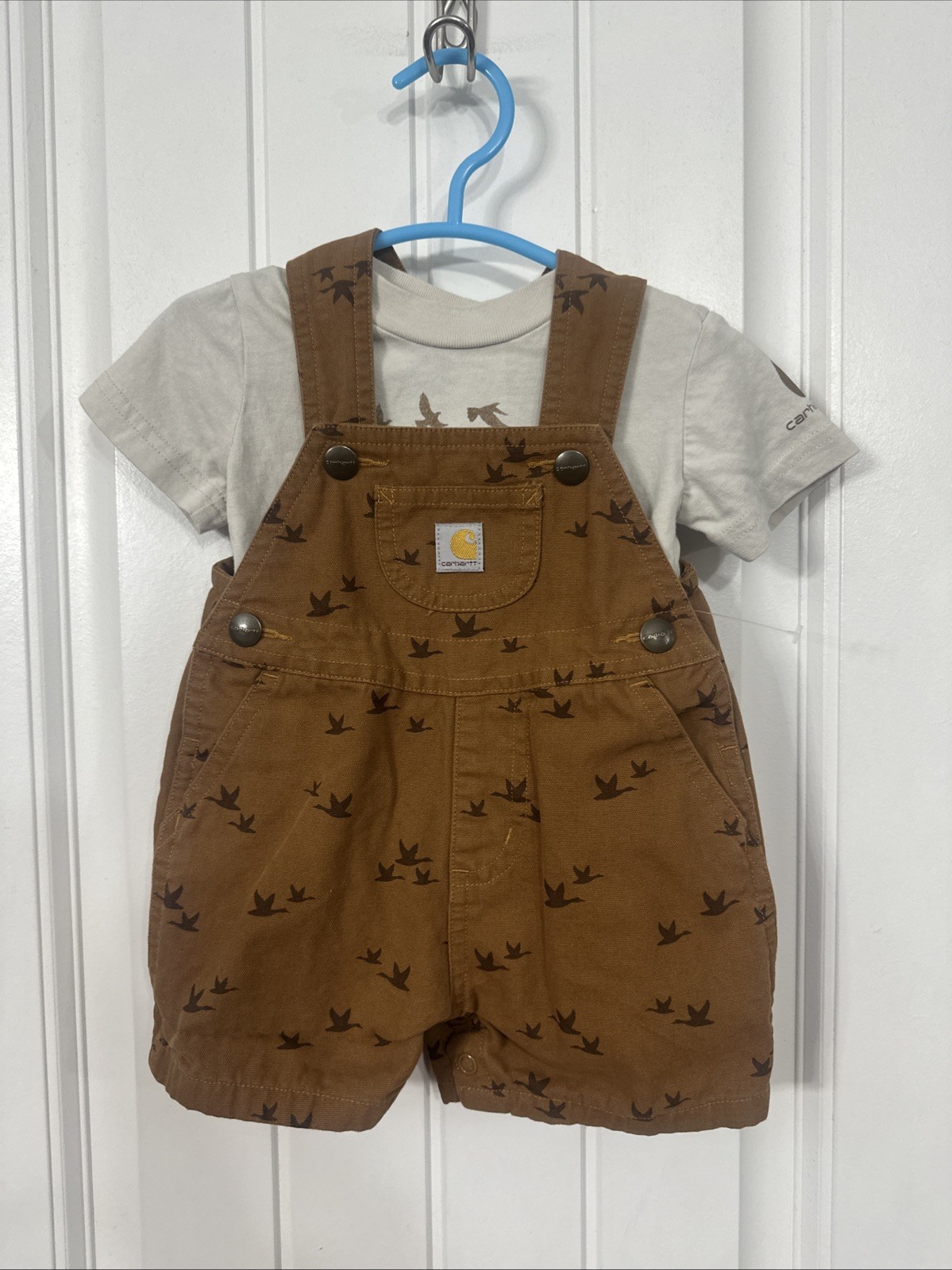 Carhartt 9 Months Baby Overall Shorts Birds Print Brown 2 Piece Set.