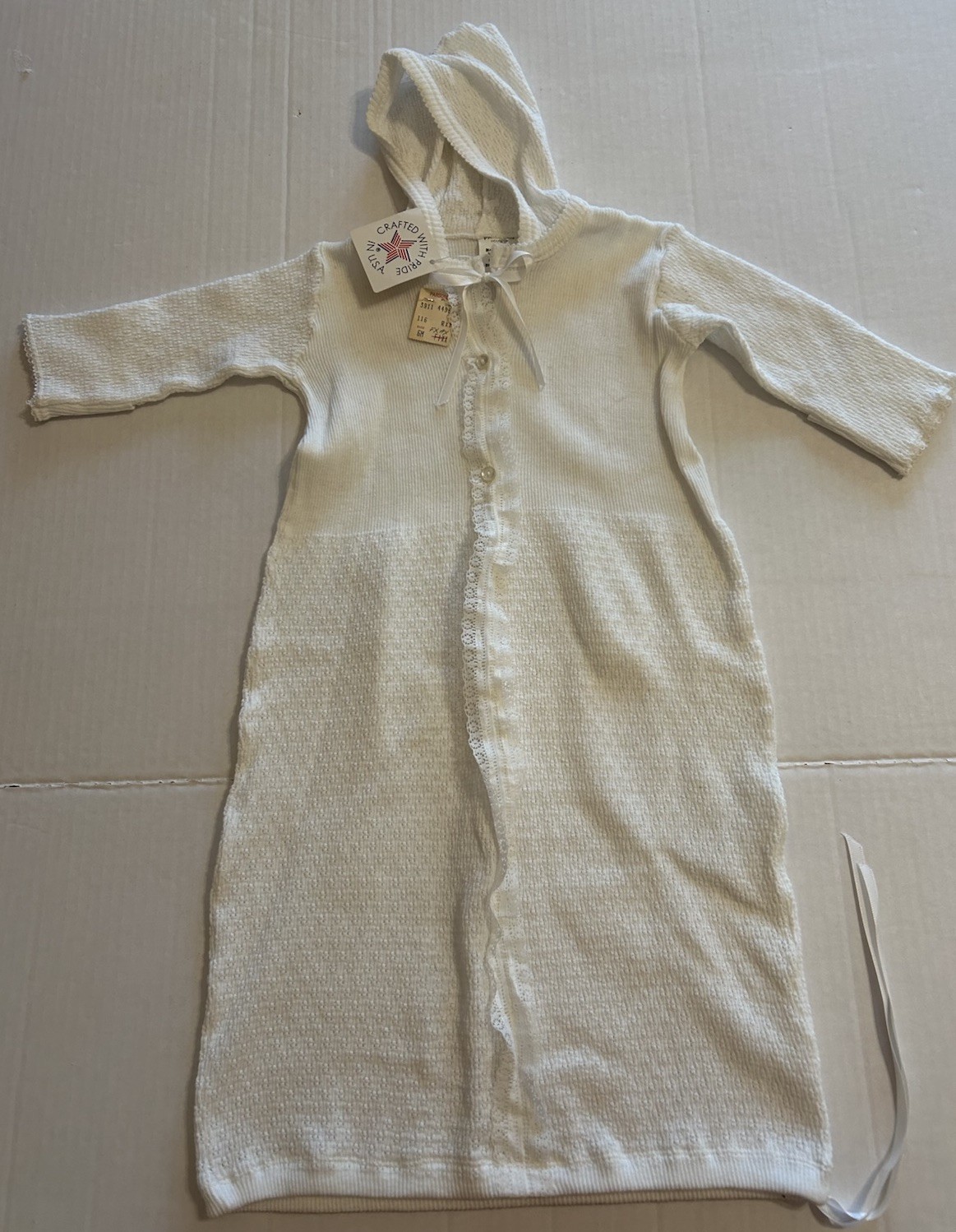 Vtg Paty Baby Gown White Size 6 Months Lace Knit Ribbon Tie Hooded USA NOS