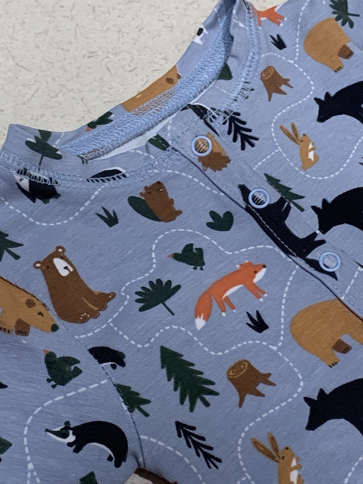 NEW Infant Baby Boy Sleep ‘n Play Jumpsuit w/ Hat Set Blue Tree Bear Fox Animals