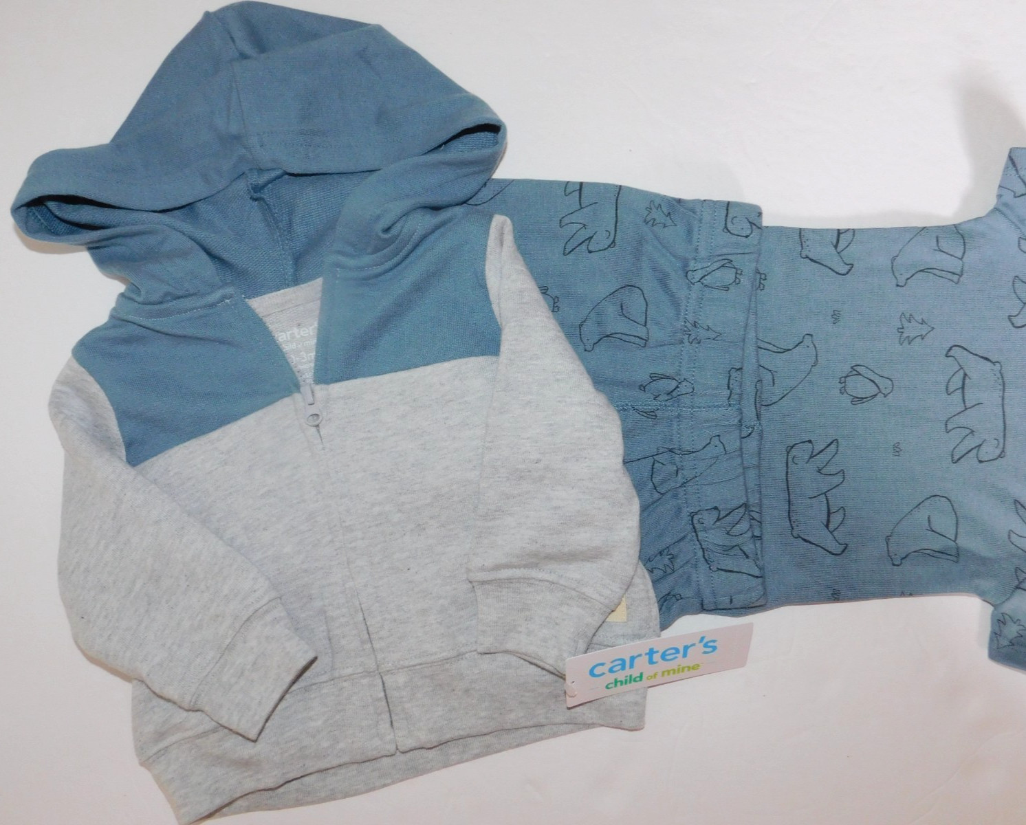 Boys 0-3 Months Outfit Blue Gray Sweatpants Hoodie One Piece Shirt Bears Woods